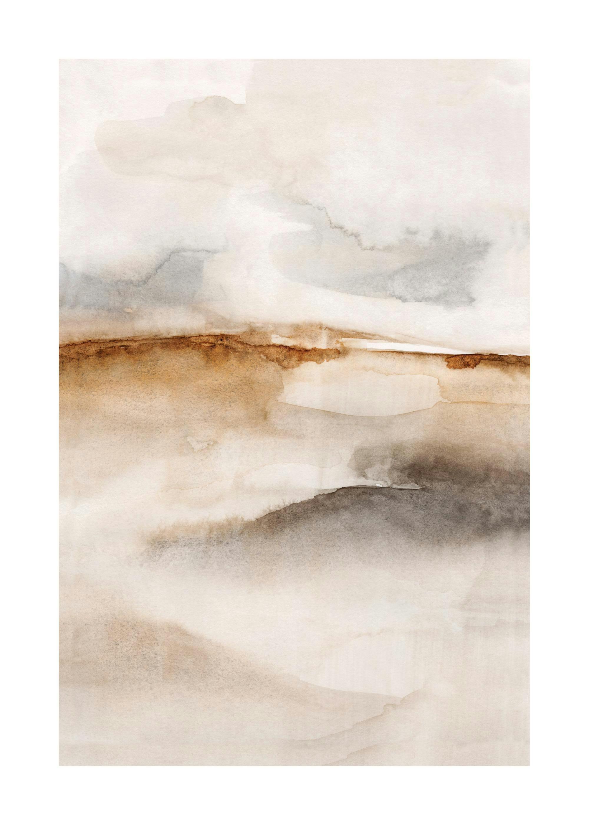 Affiche aquarelle abstraite aux tons neutres de beige, gris et blanc cassé, avec une ligne ocre.
