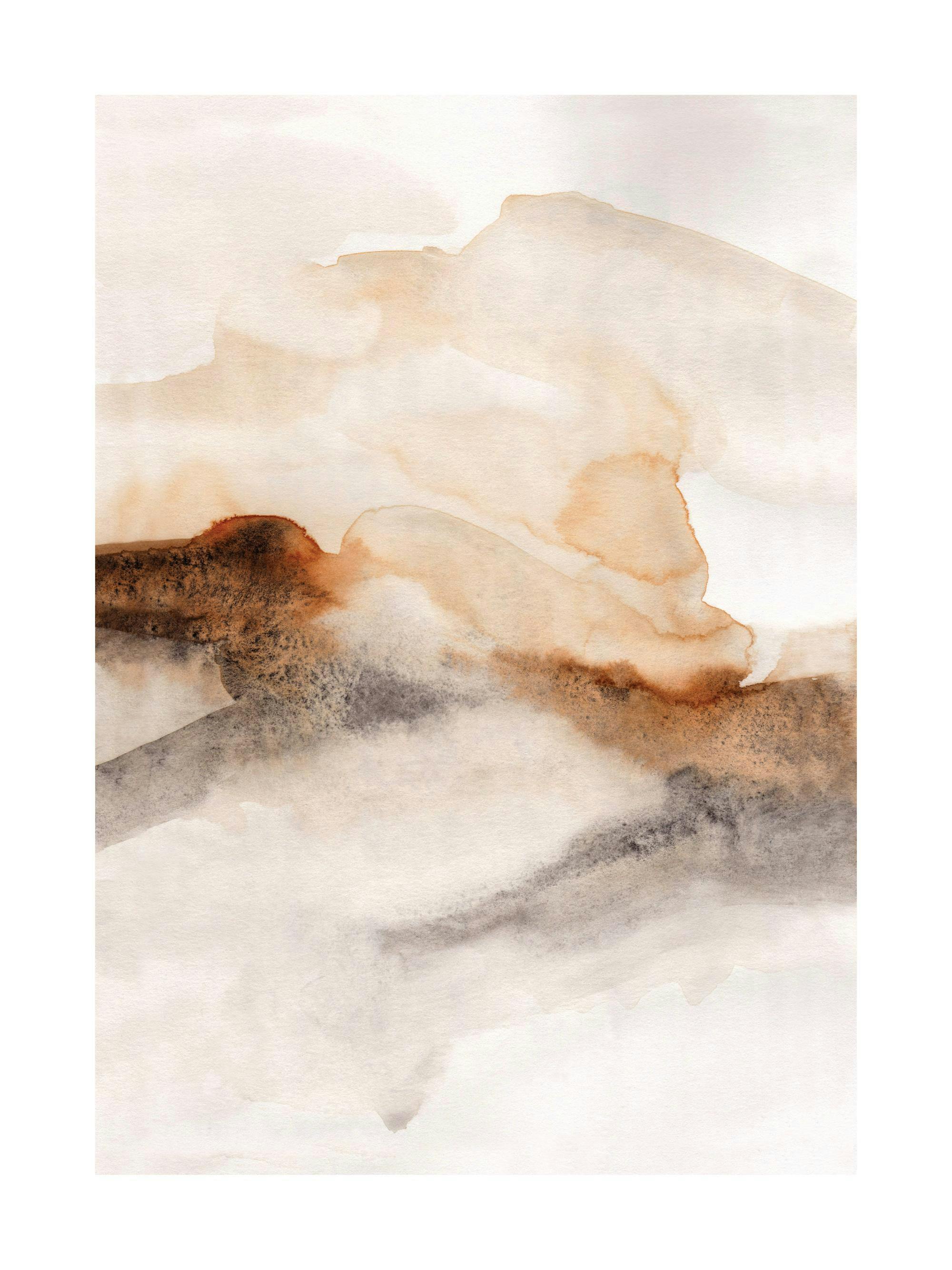 Abstrakt akvarellkonst i brända bruna och beige toner, med flödande penseldrag som skapar en mjuk, organisk känsla.