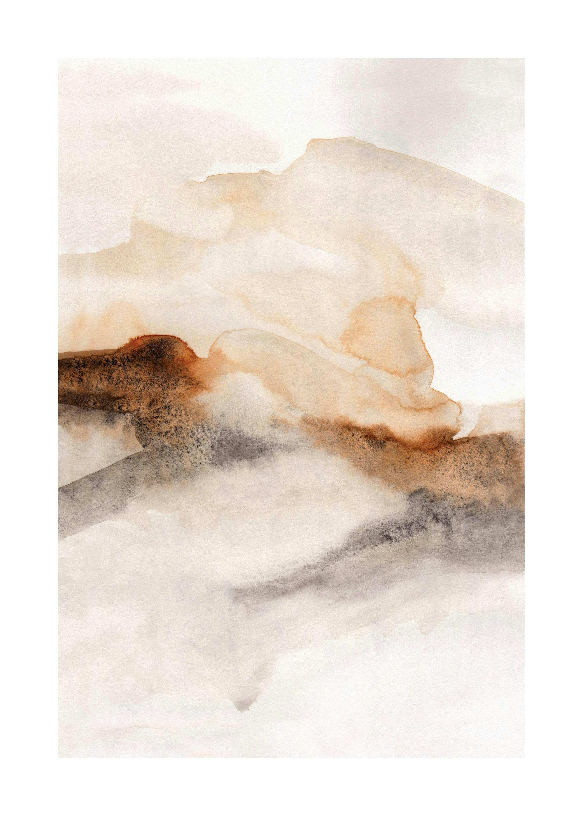 Affiche abstraite aquarelle aux tons brûlés beiges et bruns, style artistique fluide
