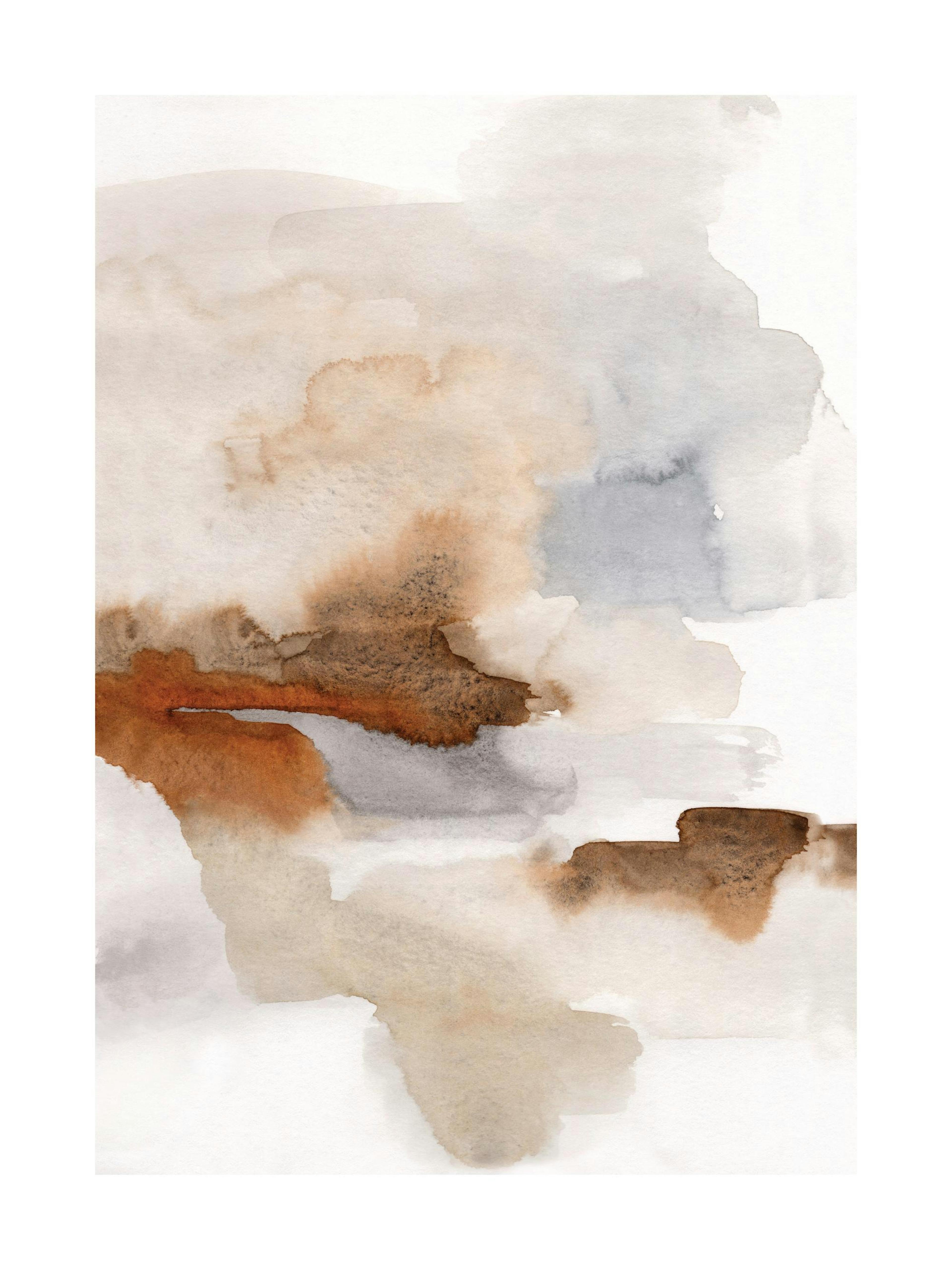 Abstract watercolor print with burnt tones, browns and grays blending into each other, creating a calm poster.