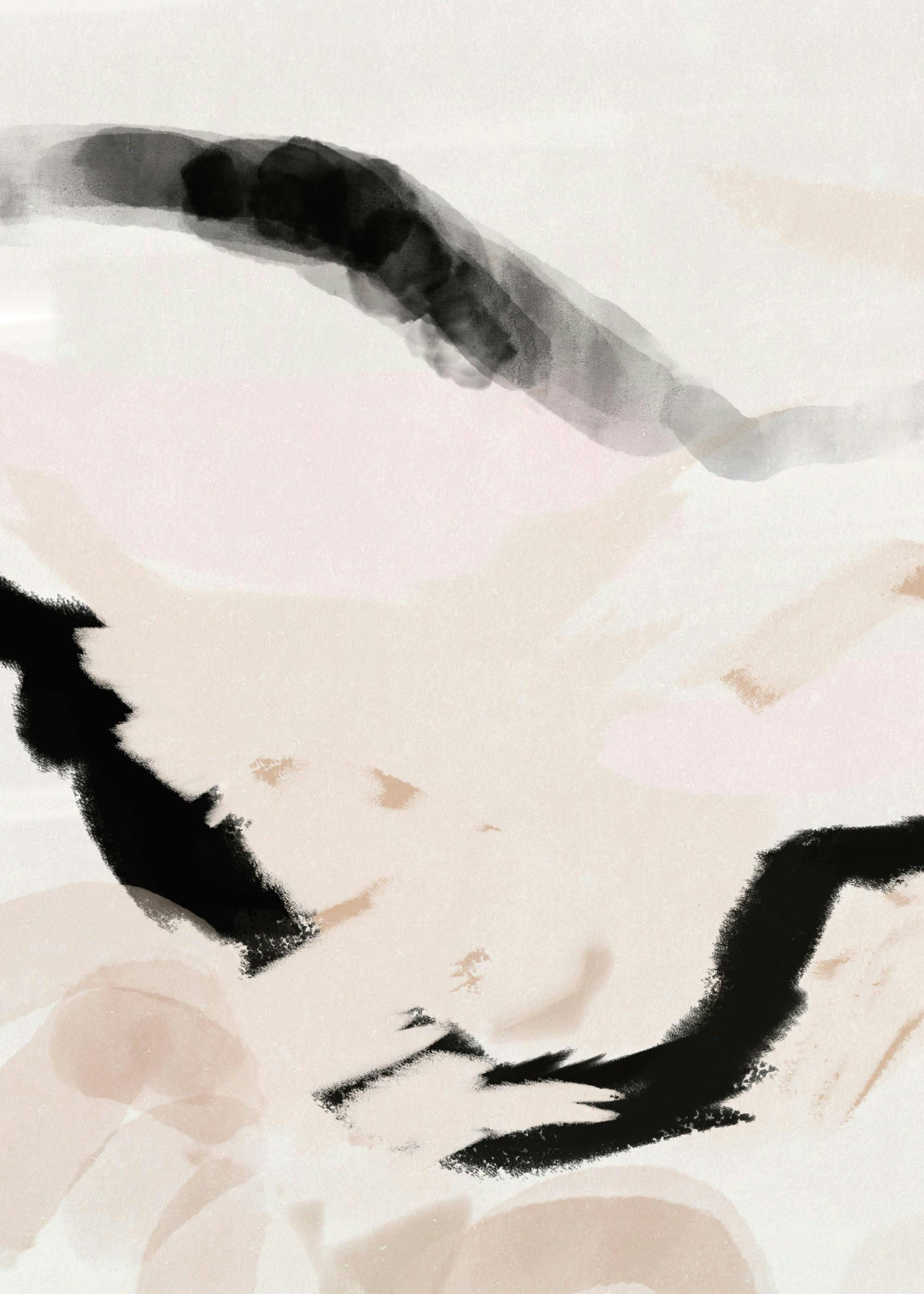 Abstract beige poster with wavy black and pink lines, creating a modern and natural art print.