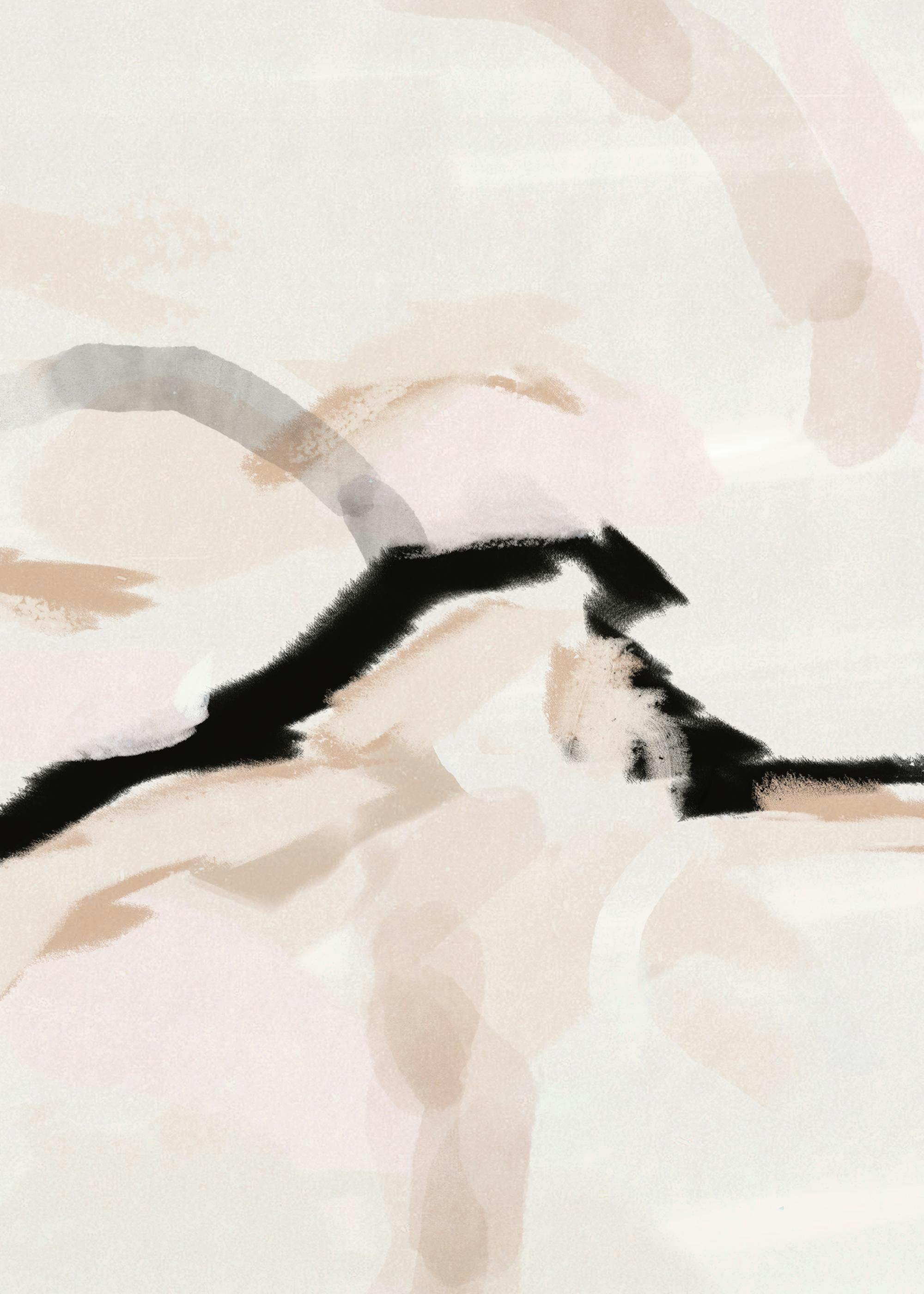 Póster abstracto con ondas en tonos beige, marrón, negro y rosa, ideal para decoración de interiores.