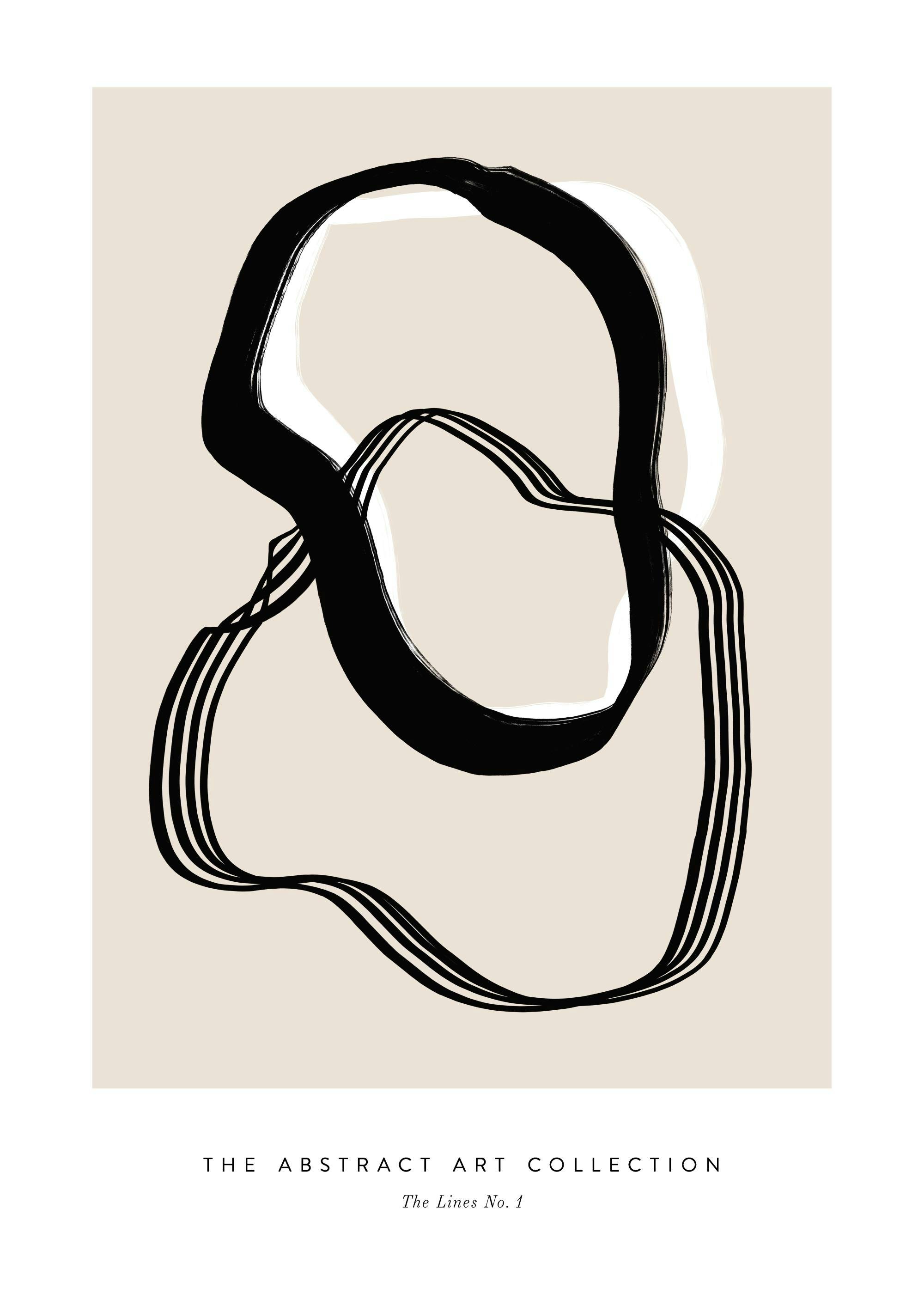 Abstraktes Poster The Lines No1 mit schwarzen, geschwungenen Linien und Formen auf beigem Hintergrund, Kunstwerk