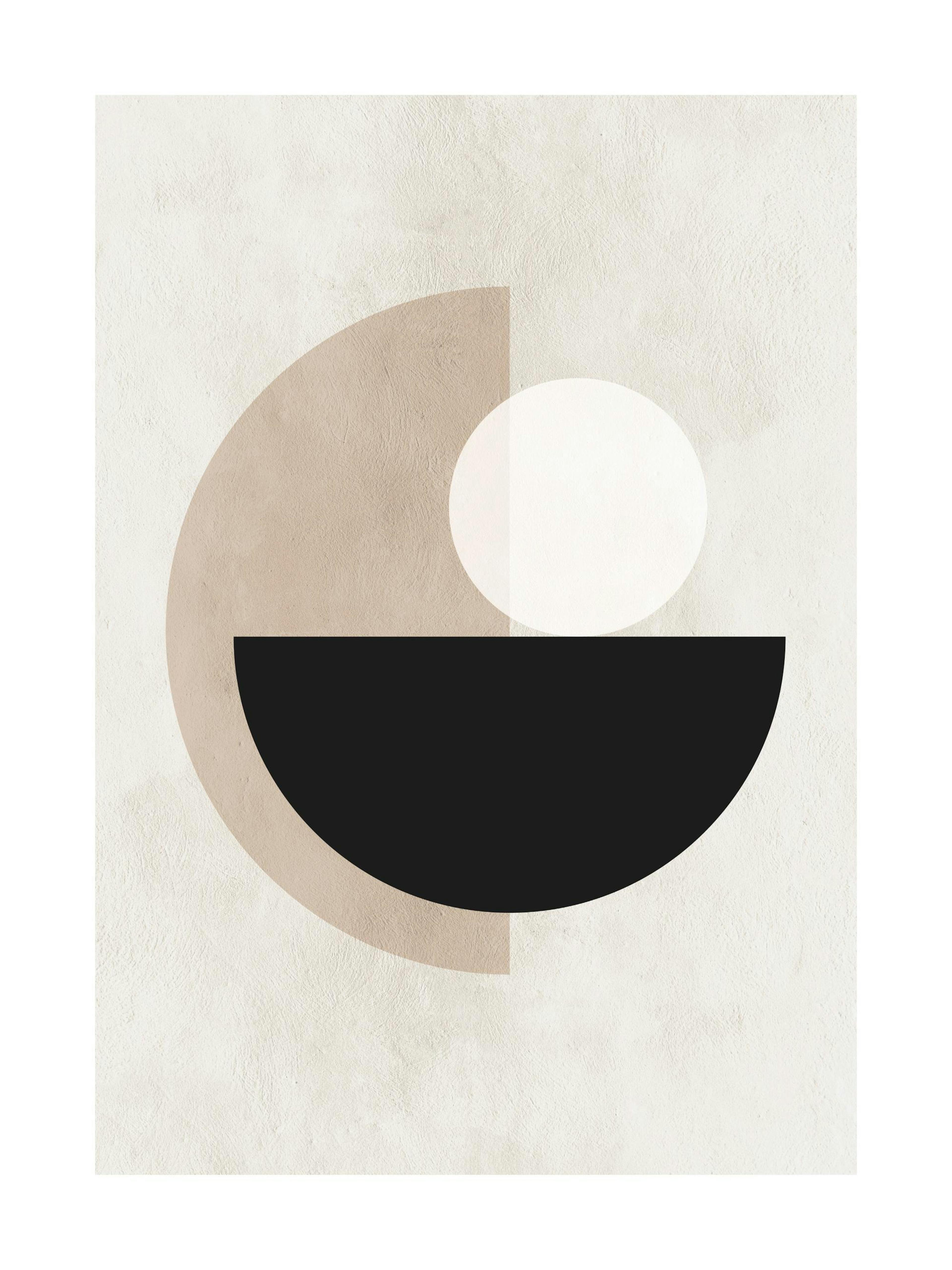 Póster gráfico com círculos e formas em bege, preto e branco, fundo bege texturizado, estilo moderno.