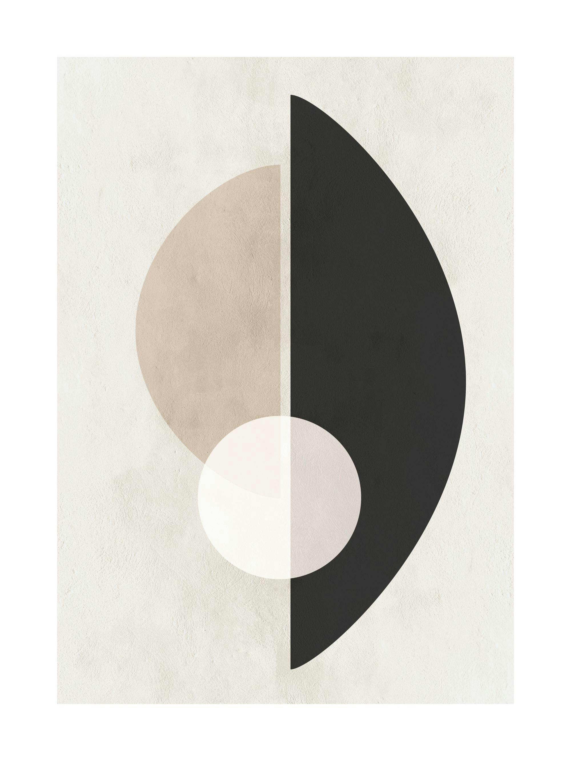 Grafisk poster med halvcirklar och en cirkel i svart, beige och vitt mot en beige bakgrund. Abstrakt konst.