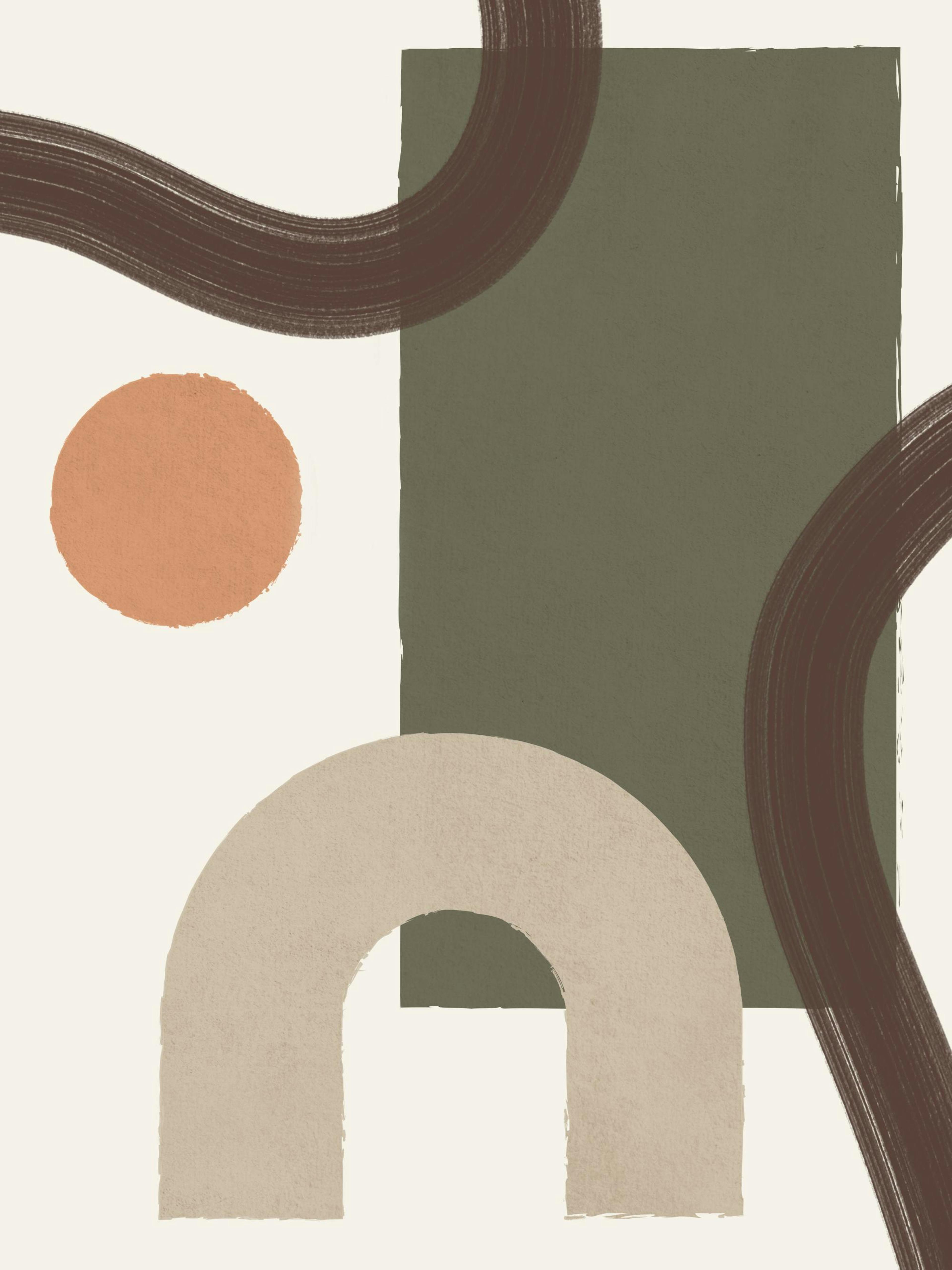Geometrisk plakat med former i grønt, brunt, beige og oransje. Abstrakt design med teksturert bakgrunn.