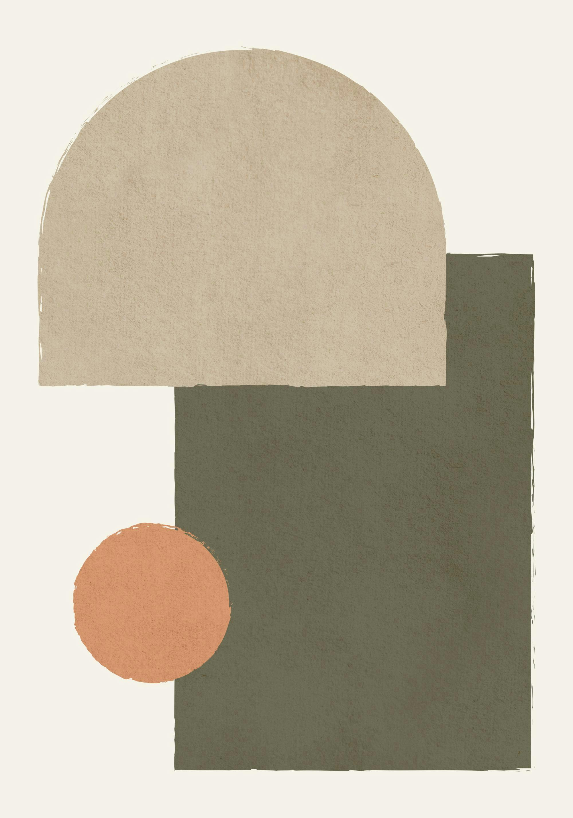 Earthy geometric print with textured beige arch, green rectangle, and orange circle on a white background