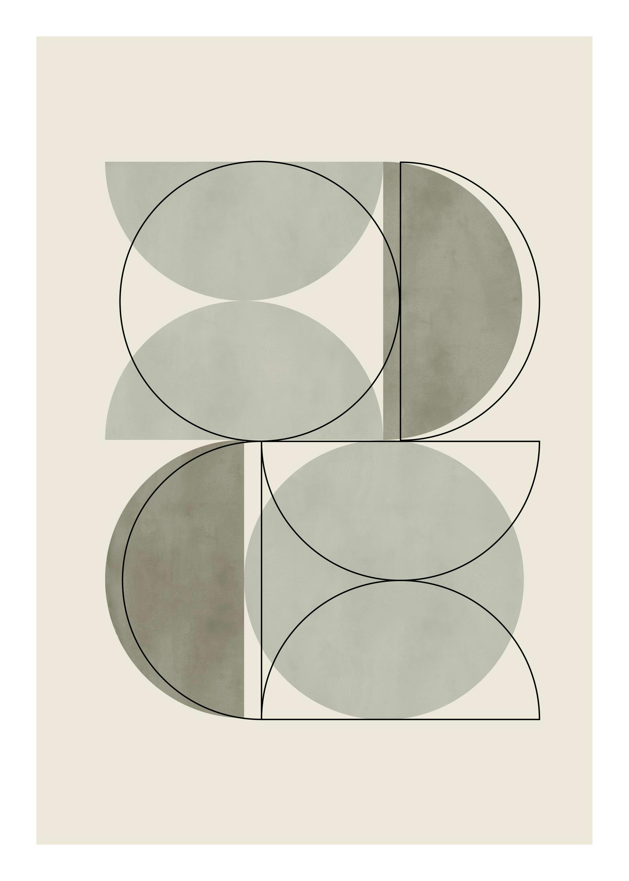 Poster mit grünen geometrischen Halbkreisen und schwarzen Linien auf beigem Hintergrund, minimalistischer Stil.