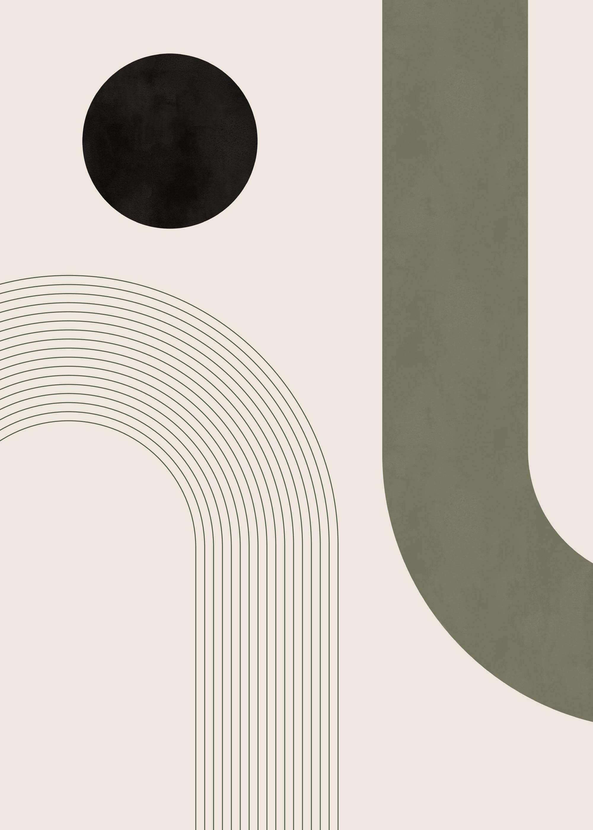 Green and black geometric abstract art print with shapes and lines on a beige background, perfect for contemporary decor.