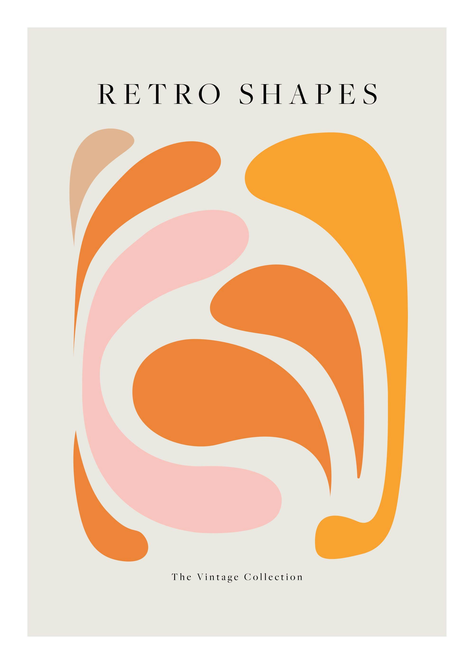 Plakat med organiske former i rosa, oransje og beige, inspirert av retrostil og vintage design. Tekst: Retro Shapes.