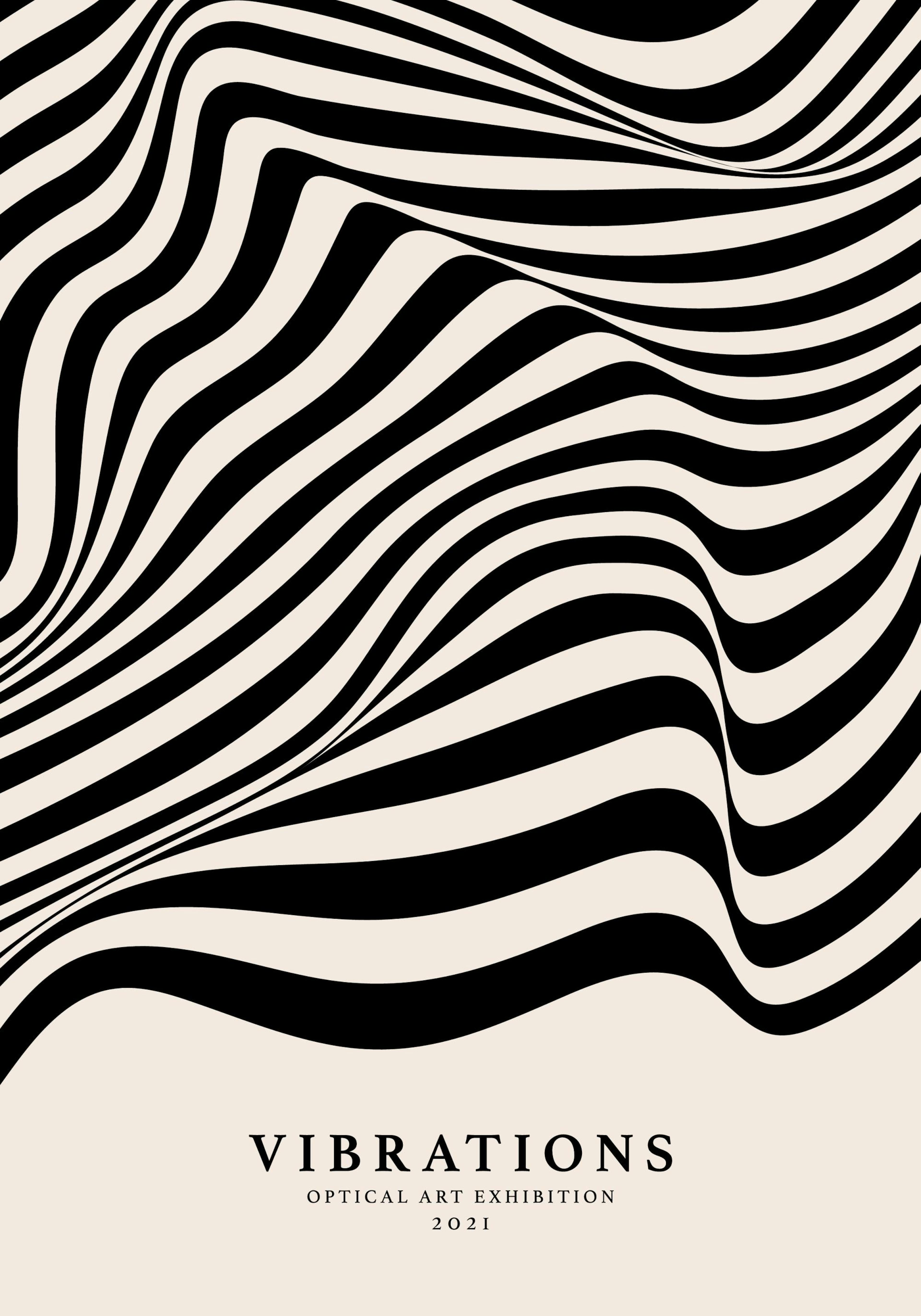 Black and beige optical art poster with wavy striped lines, creating a modern 3D illusion and vibration effect.
