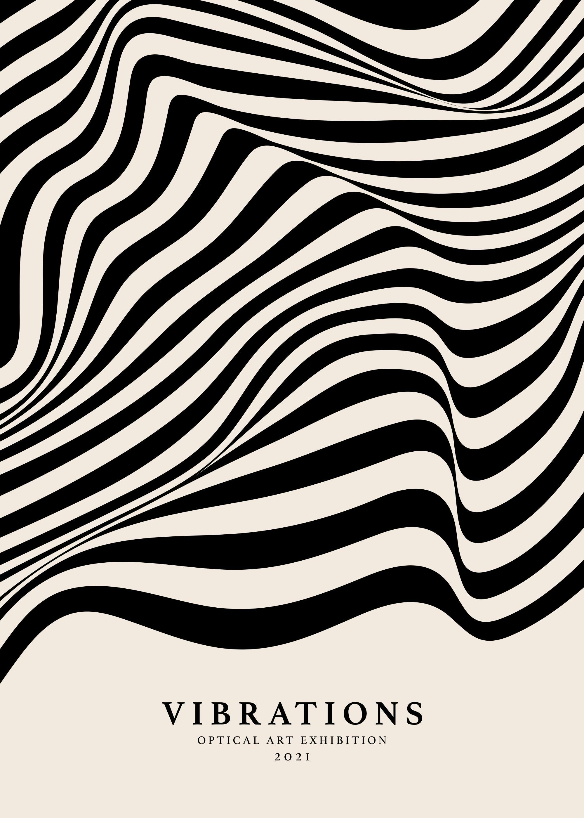 Vibrations-affisch med svarta vågiga linjer som skapar en optisk illusion på en beige bakgrund, modern design.