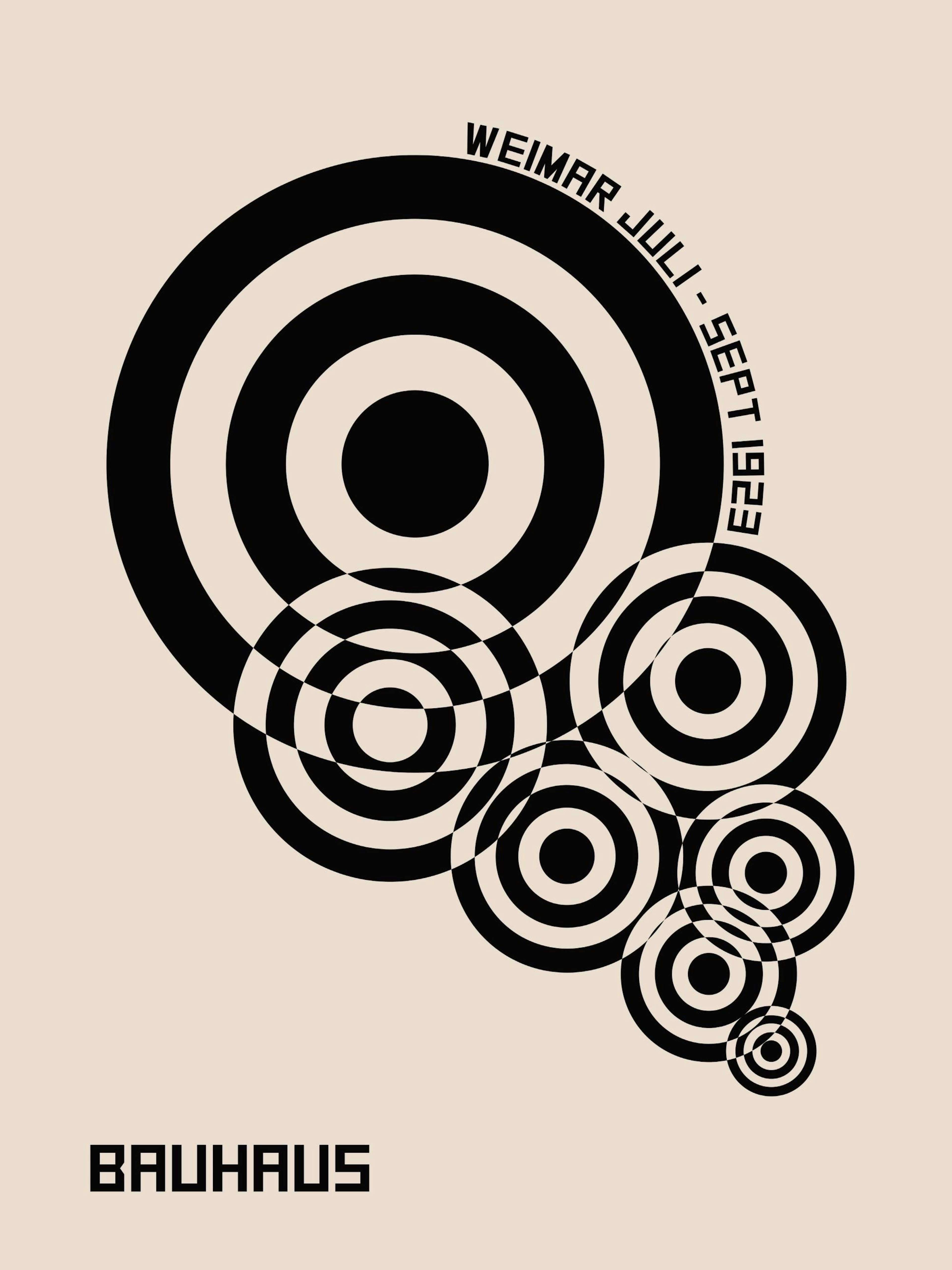 Bauhaus Geometric poster with black concentric circles on a beige background, featuring Weimar Juli - Sept 1923 and Bauhaus text