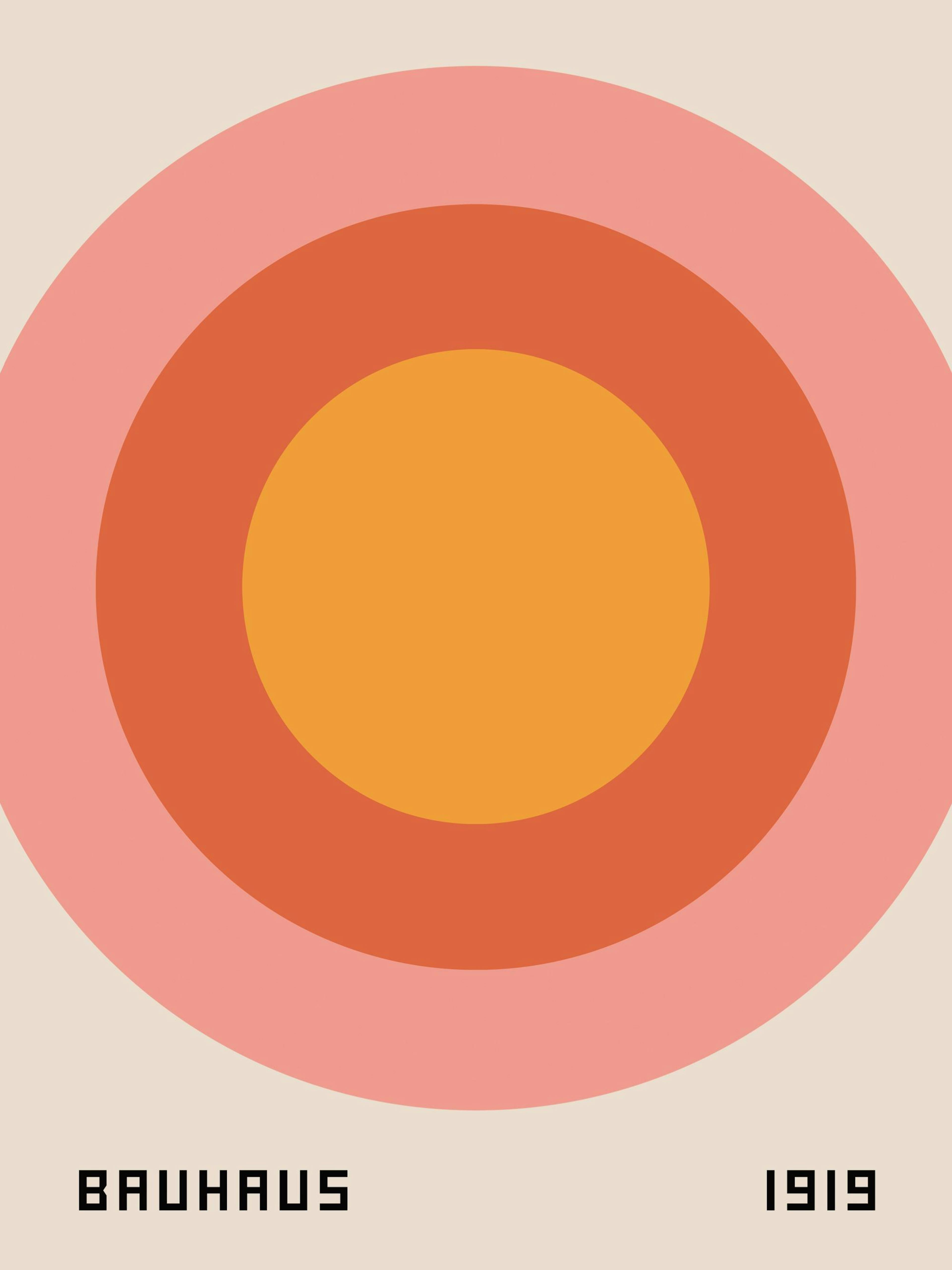 Bauhaus 1919 poster print with concentric circles in pink, orange, and yellow on a cream background.