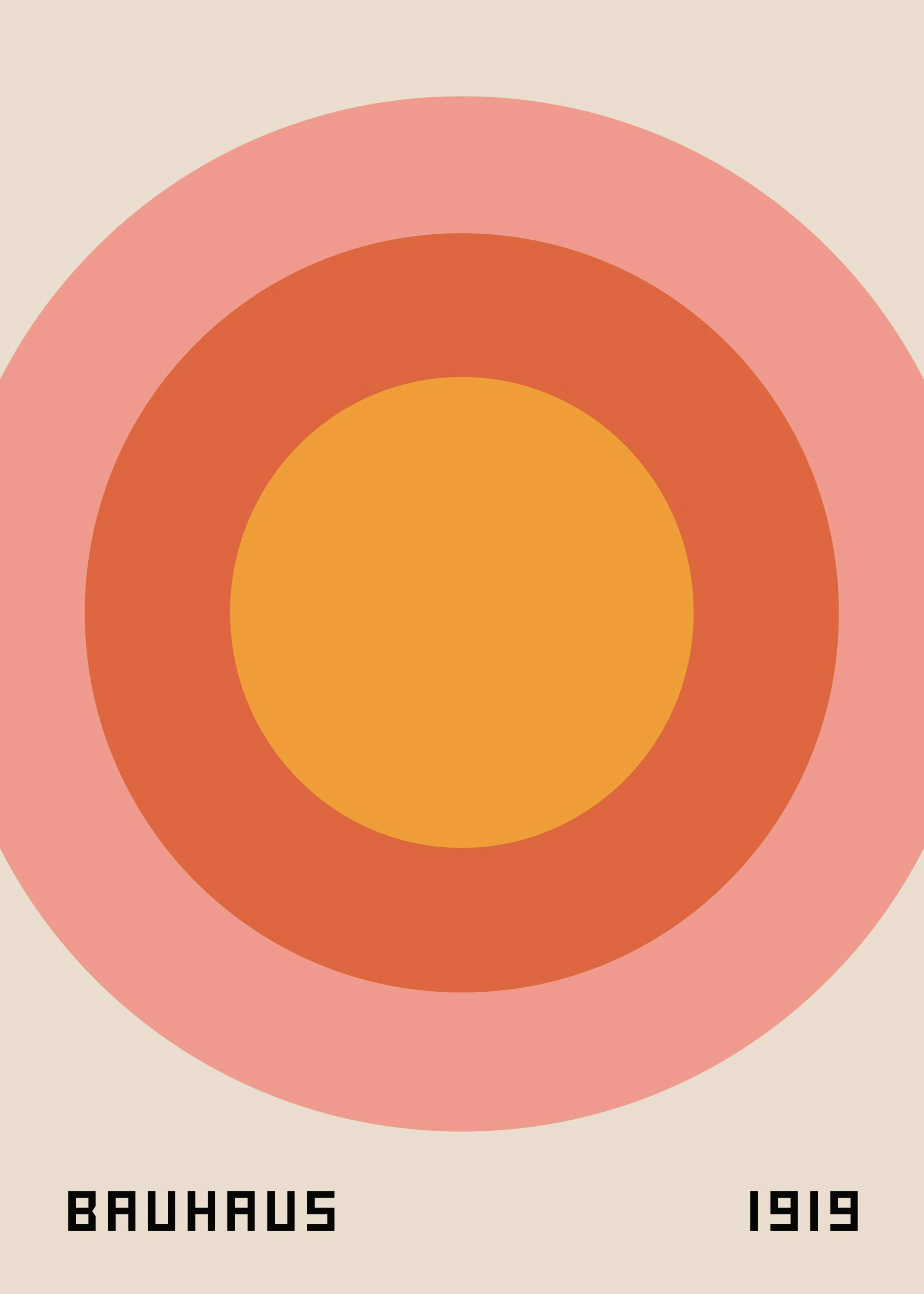 Bauhaus 1919 poster met concentrische cirkels in retro roze, oranje en geel. Tijdloze kunstprint.