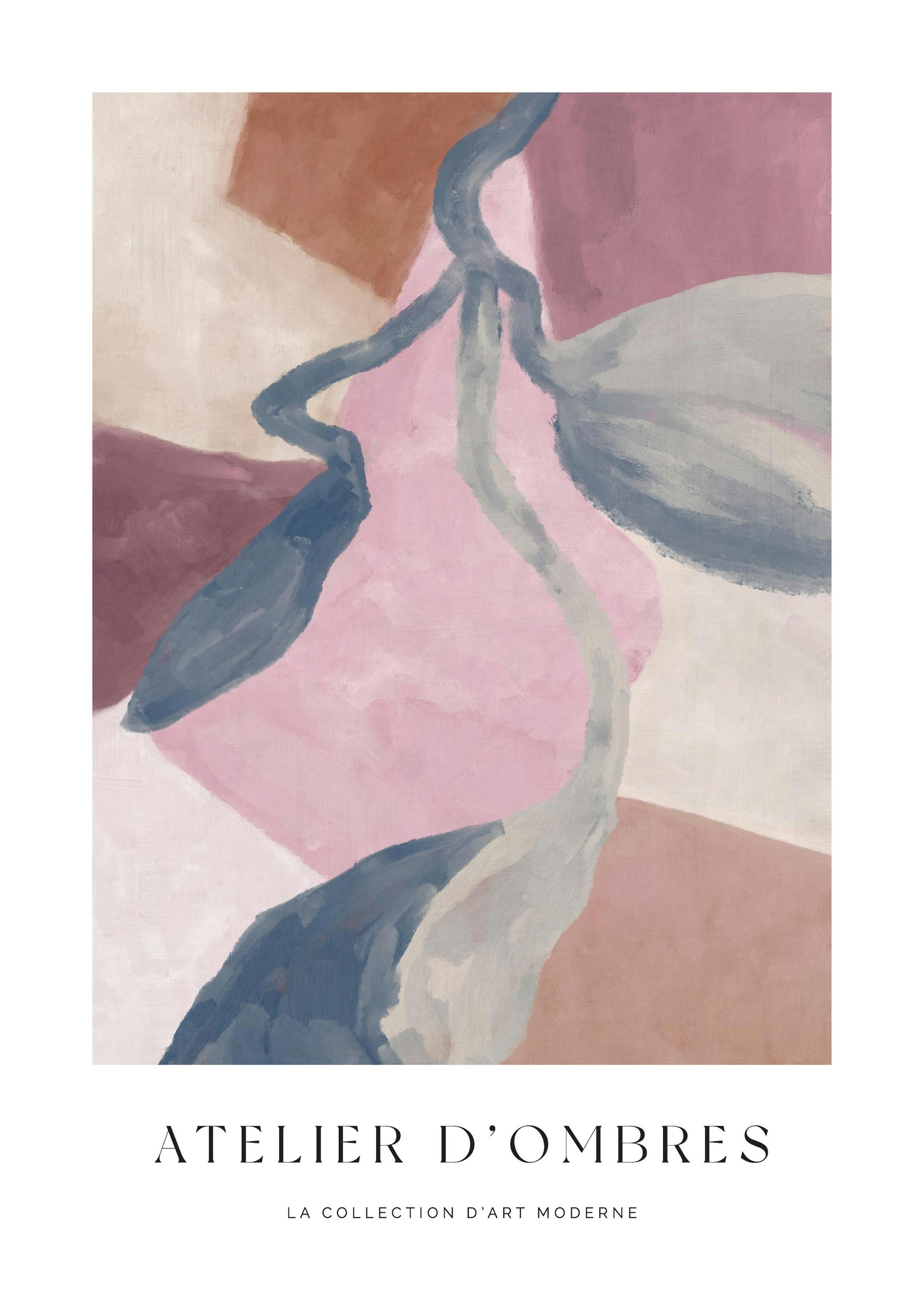 Atelier dombres No1 poster print with abstract shapes in brown, beige, blue, grey, and pink hues.