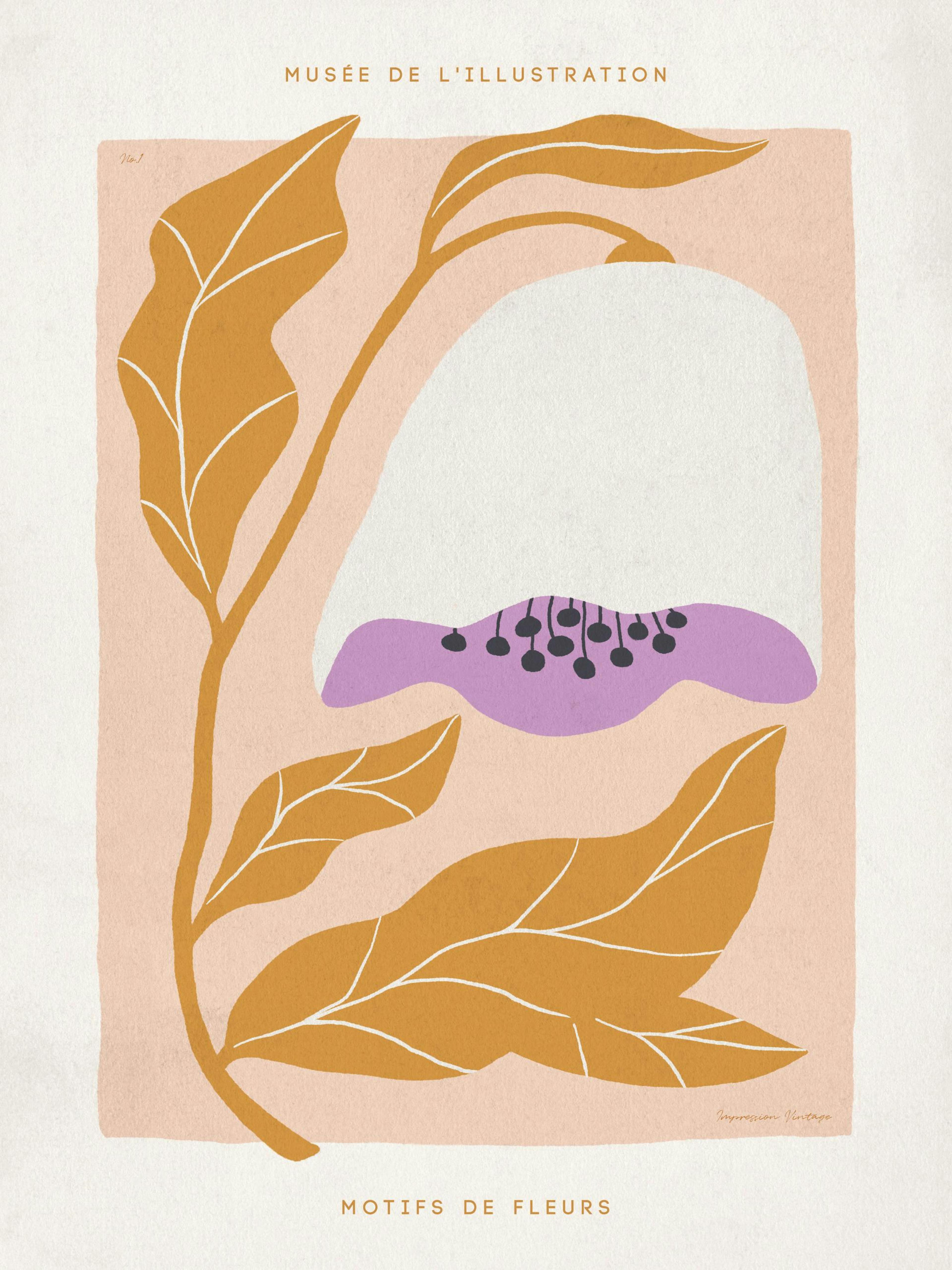 Print of a white and lilac flower with yellow leaves on a beige-pink background, Motifs de Fleurs poster.