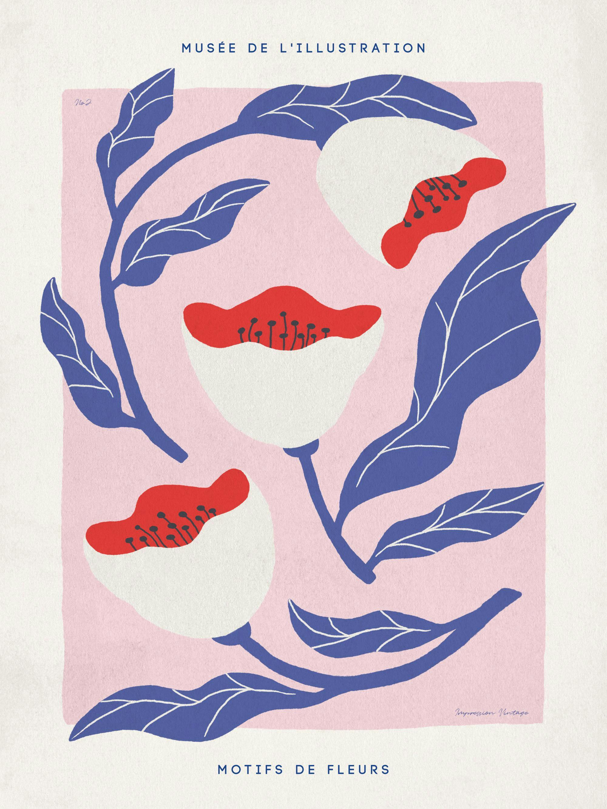 Poster med illustration av vita blommor med röda ståndare och blå blad på en rosa bakgrund. Texten Motifs de Fleurs.