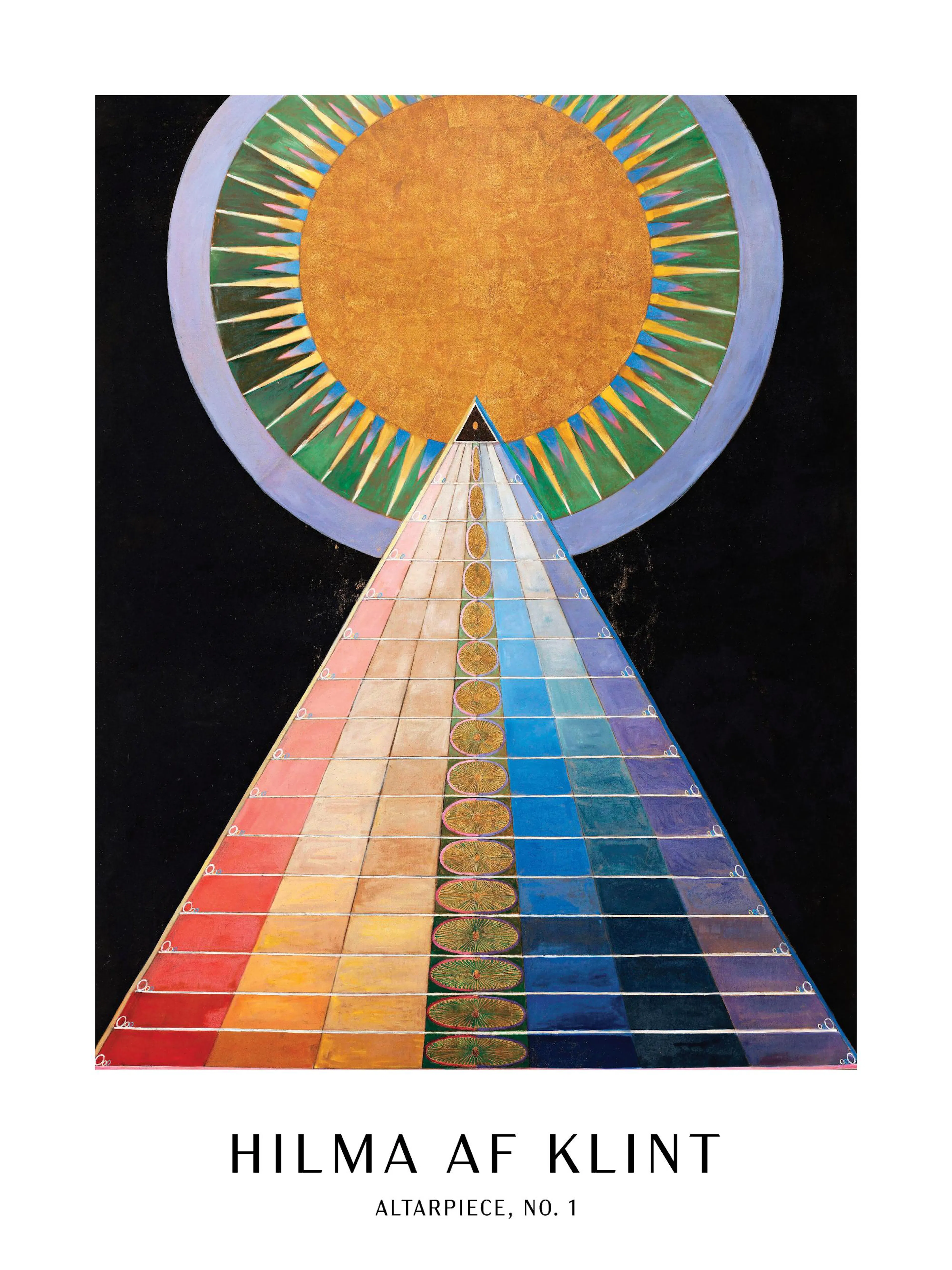 Affiche Hilma Af Klint, Altarpiece, No. 1, pyramide colorée sous un soleil doré sur fond noir. Typographie Altarpiece, No. 1.