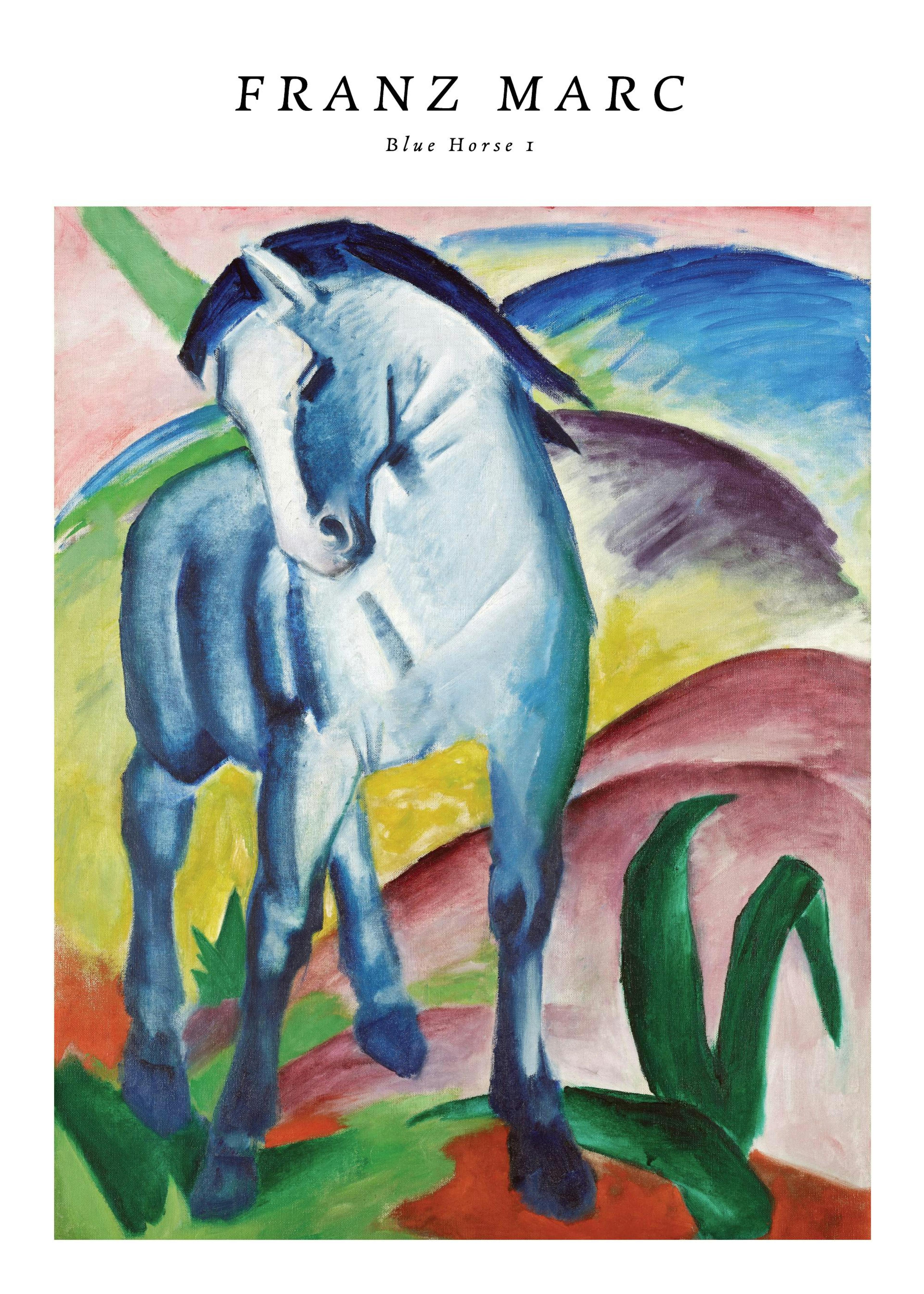 Franz Marcs Blue Horse 1 print, featuring a blue horse in a peaceful, colorful landscape poster.