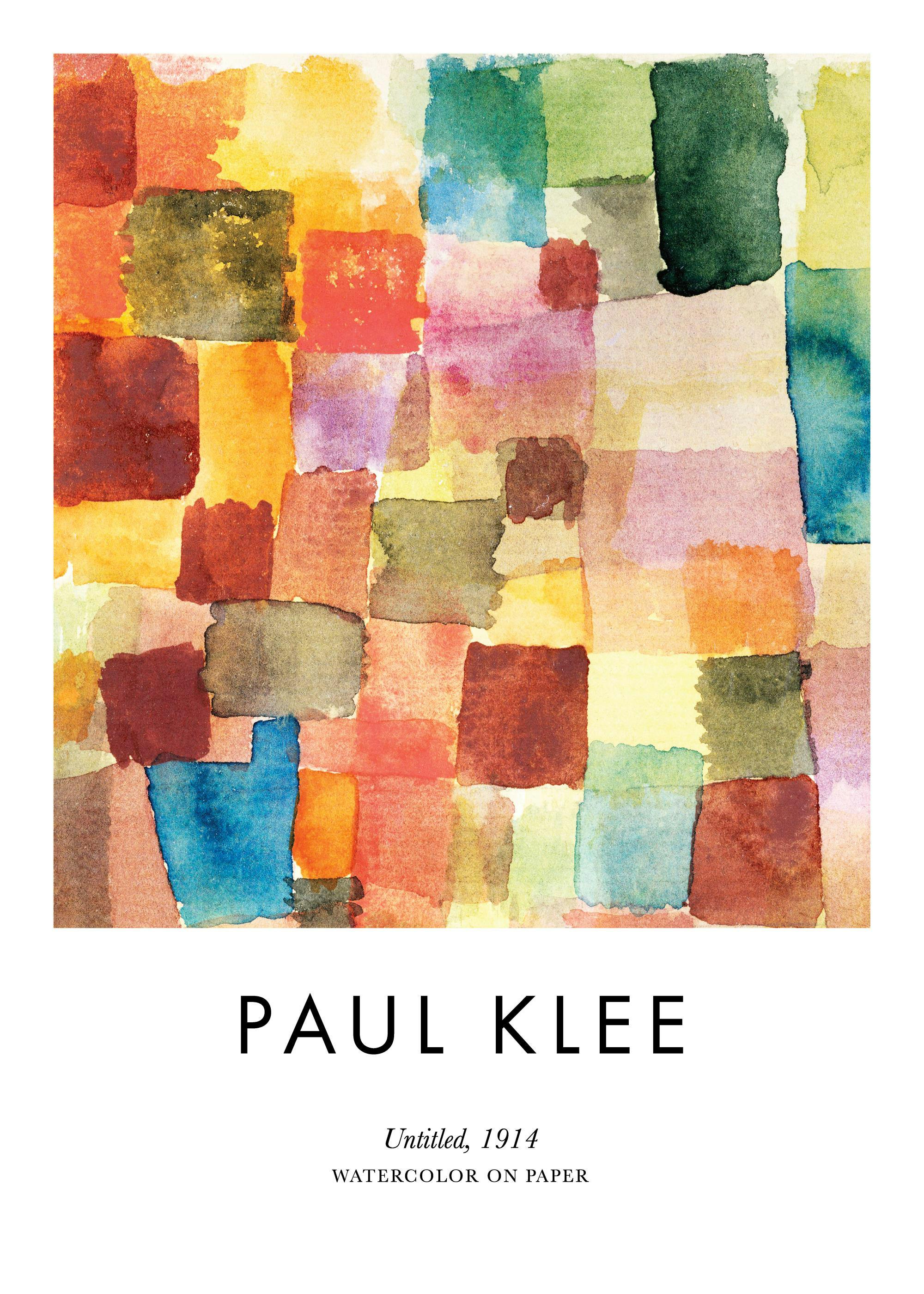 Paul Klee Untitled watercolor print with a grid of colorful squares in warm and cool tones.