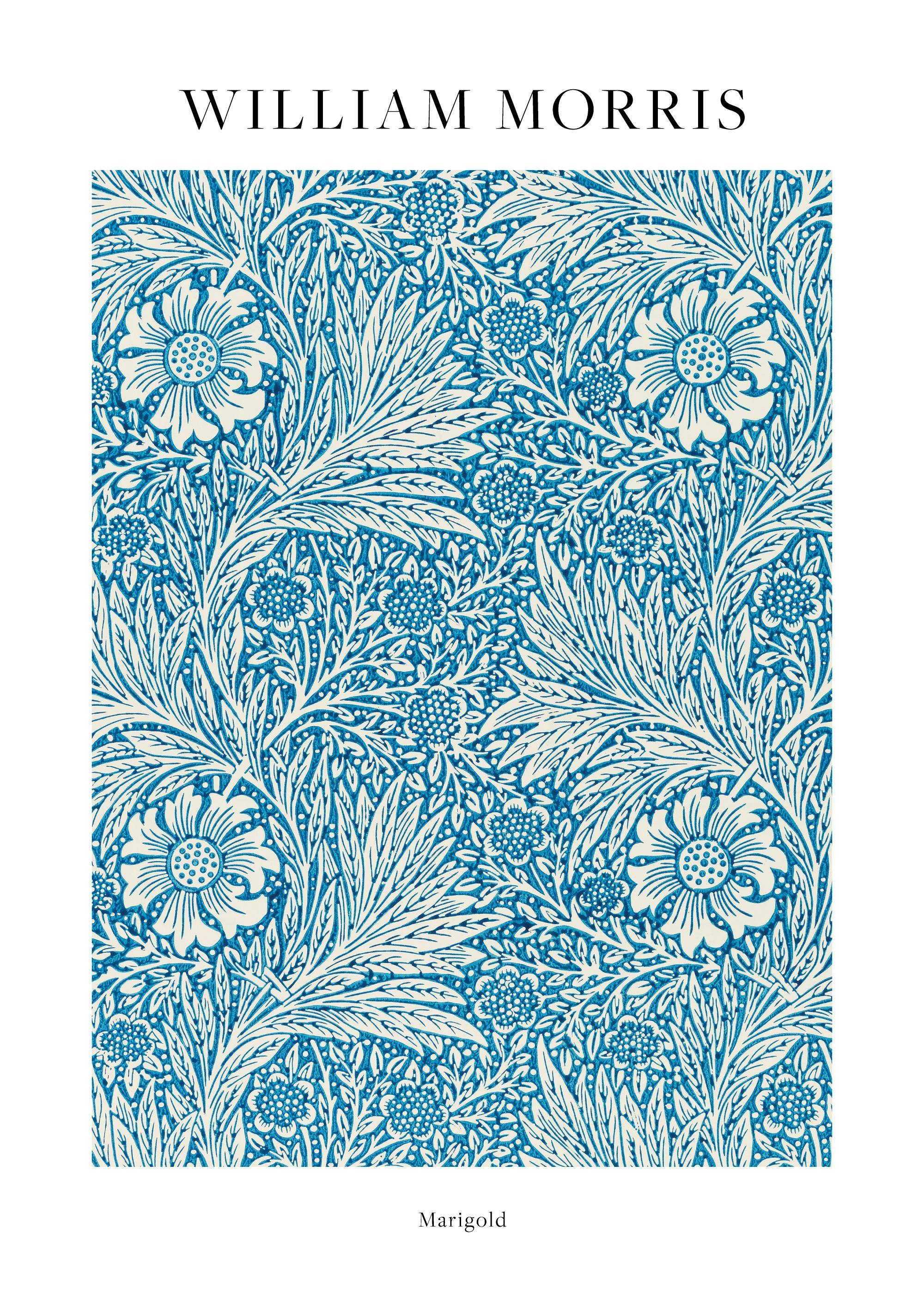 William Morris Marigold pattern art print with intricate blue floral and leaf design.