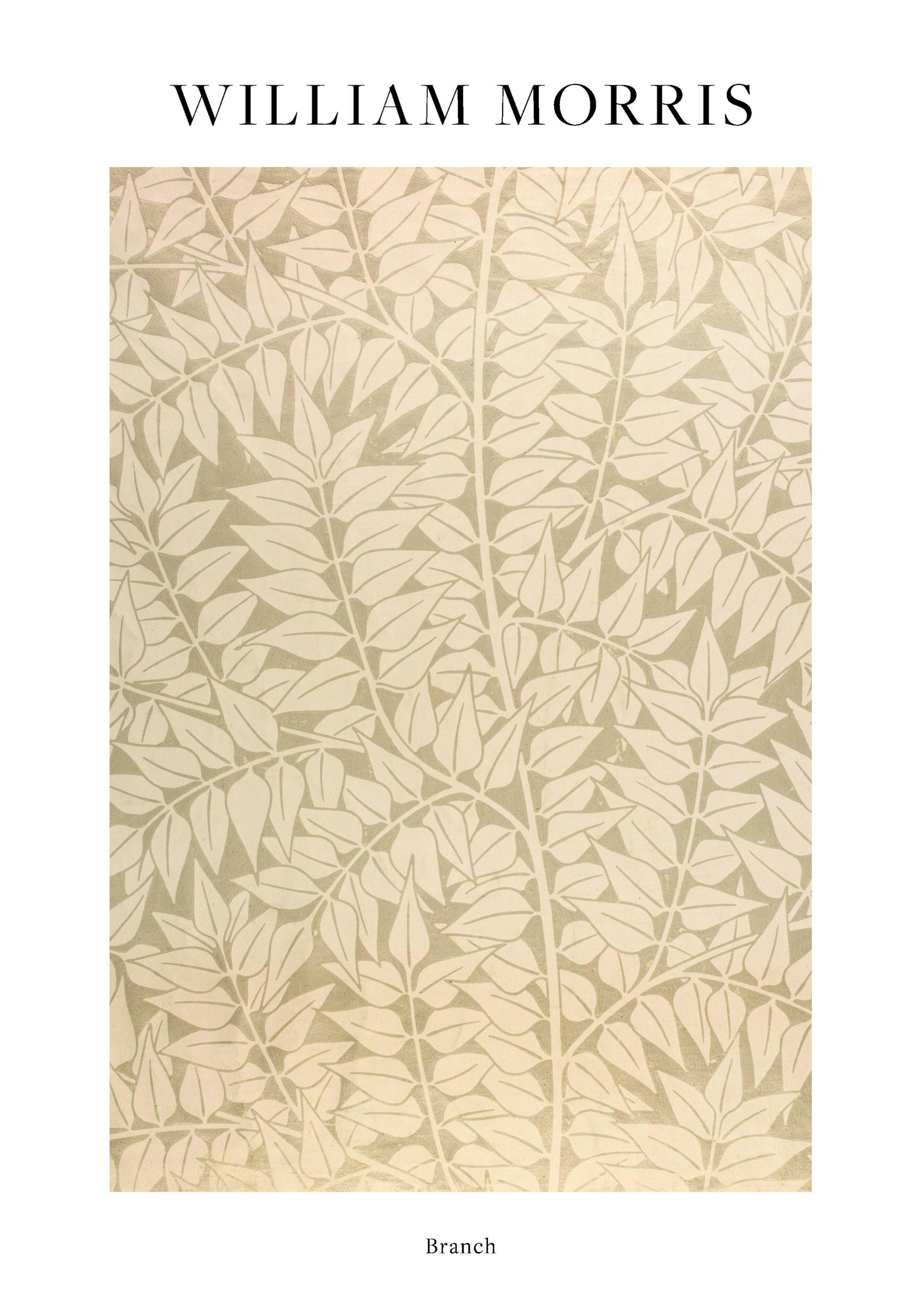 Póster William Morris con patrón de rama beis sobre fondo beis verdoso, estilo clásico.