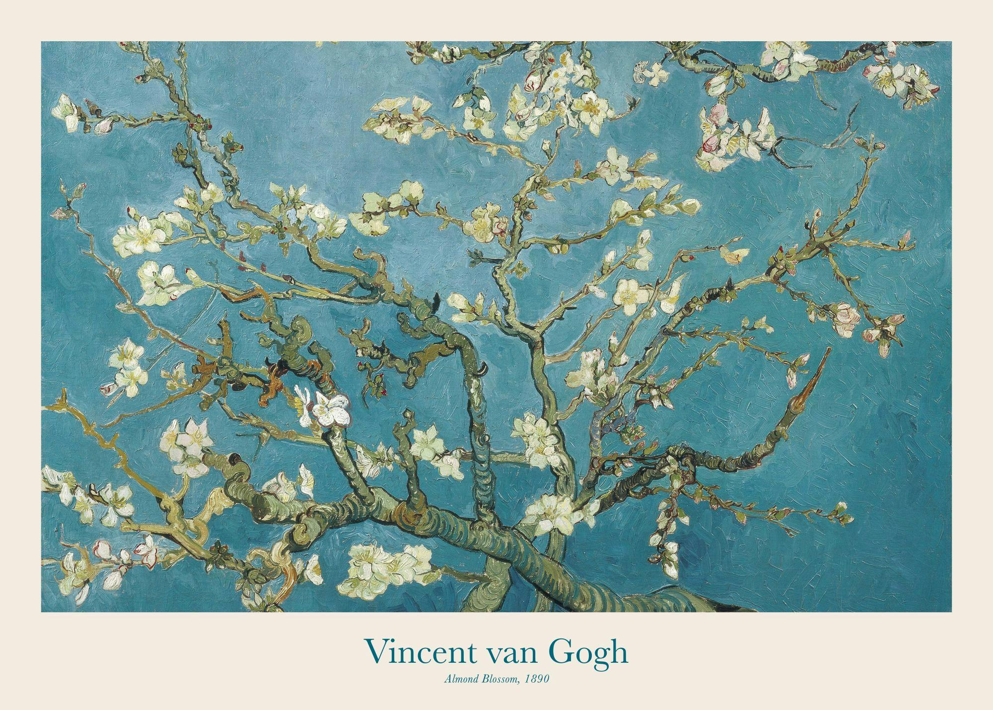 Van Goghs Almond Blossom painting featuring white flowers on bare branches against a teal sky.