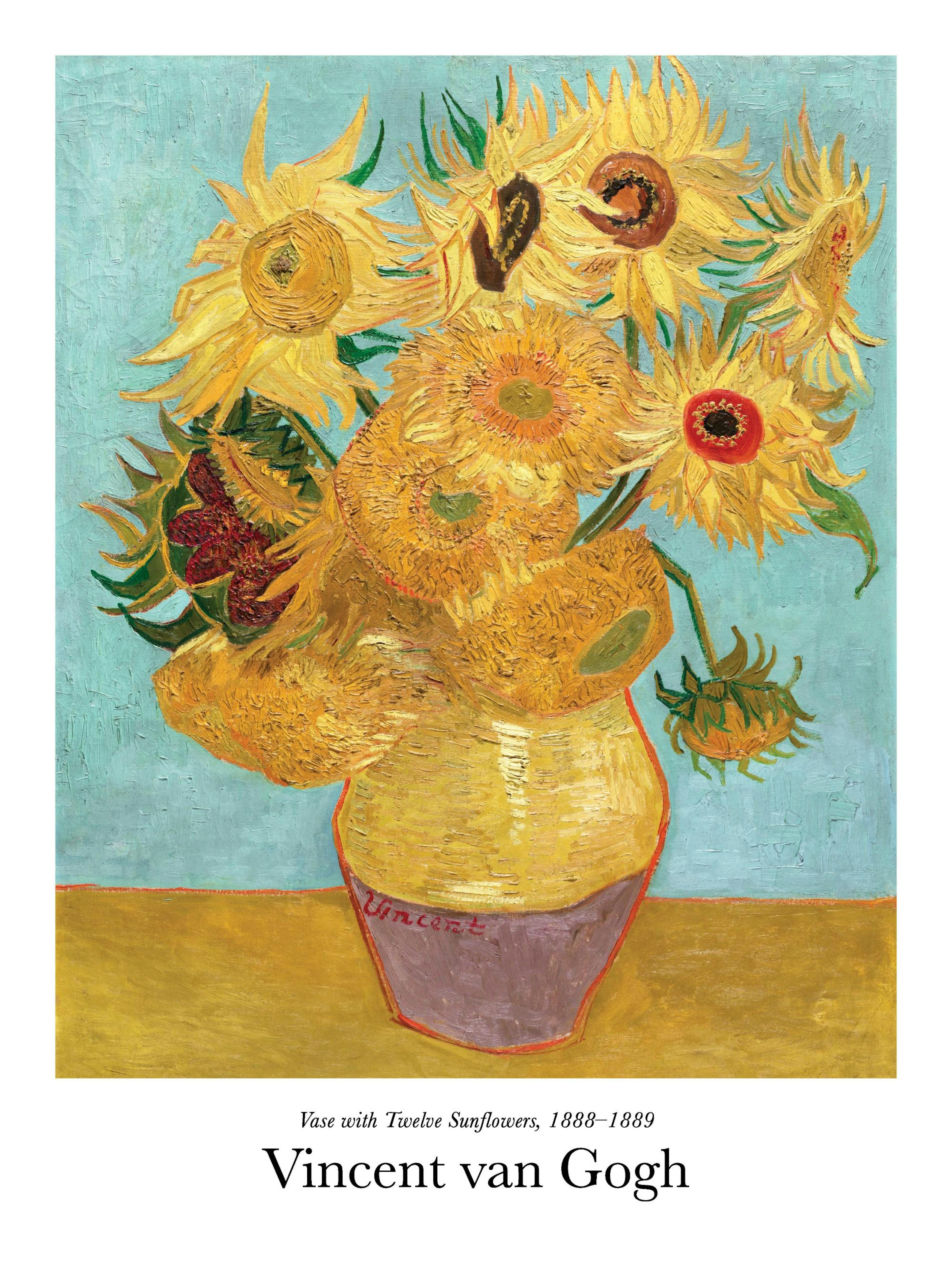 Van Goghs Vase with Twelve Sunflowers print, featuring vibrant yellow sunflowers in a yellow vase against a blue background.