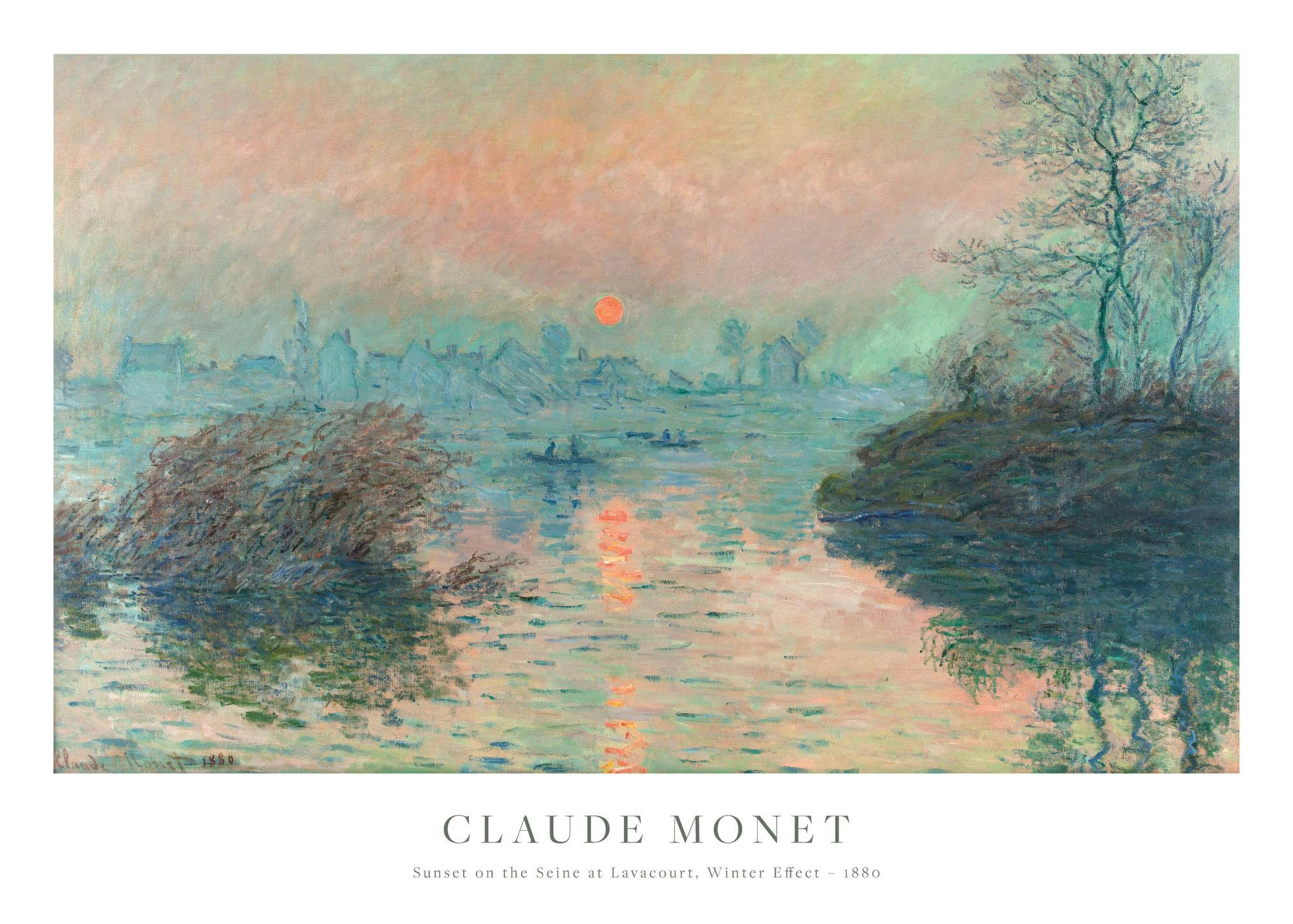 Monets Sunset on the Seine at Lavacourt, Winter Effect poster, een impressionistisch schilderij met roze, groene en blauwe tinte