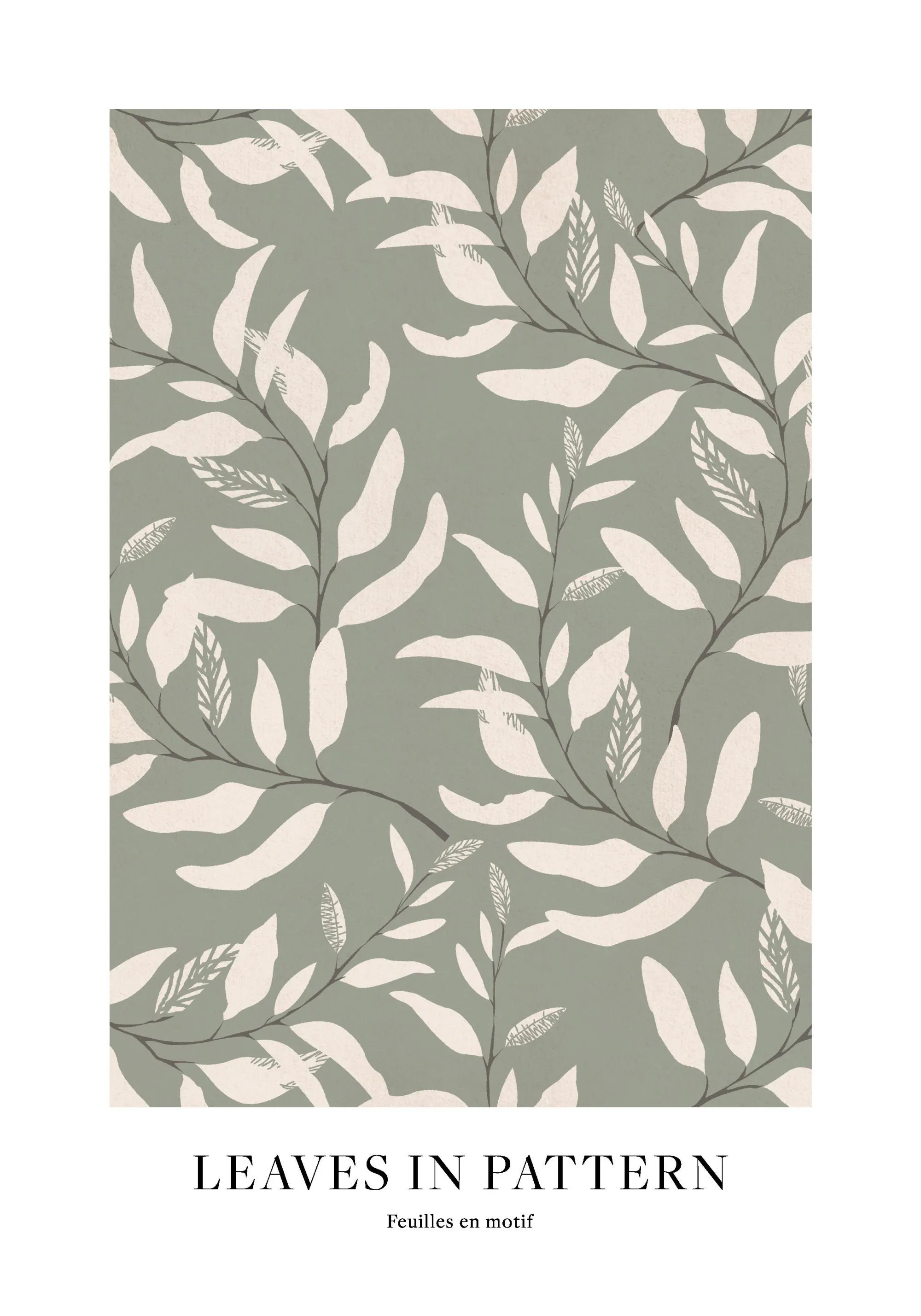 Póster de hojas beige entrelazadas con fondo verde, patrón de botánica moderna.