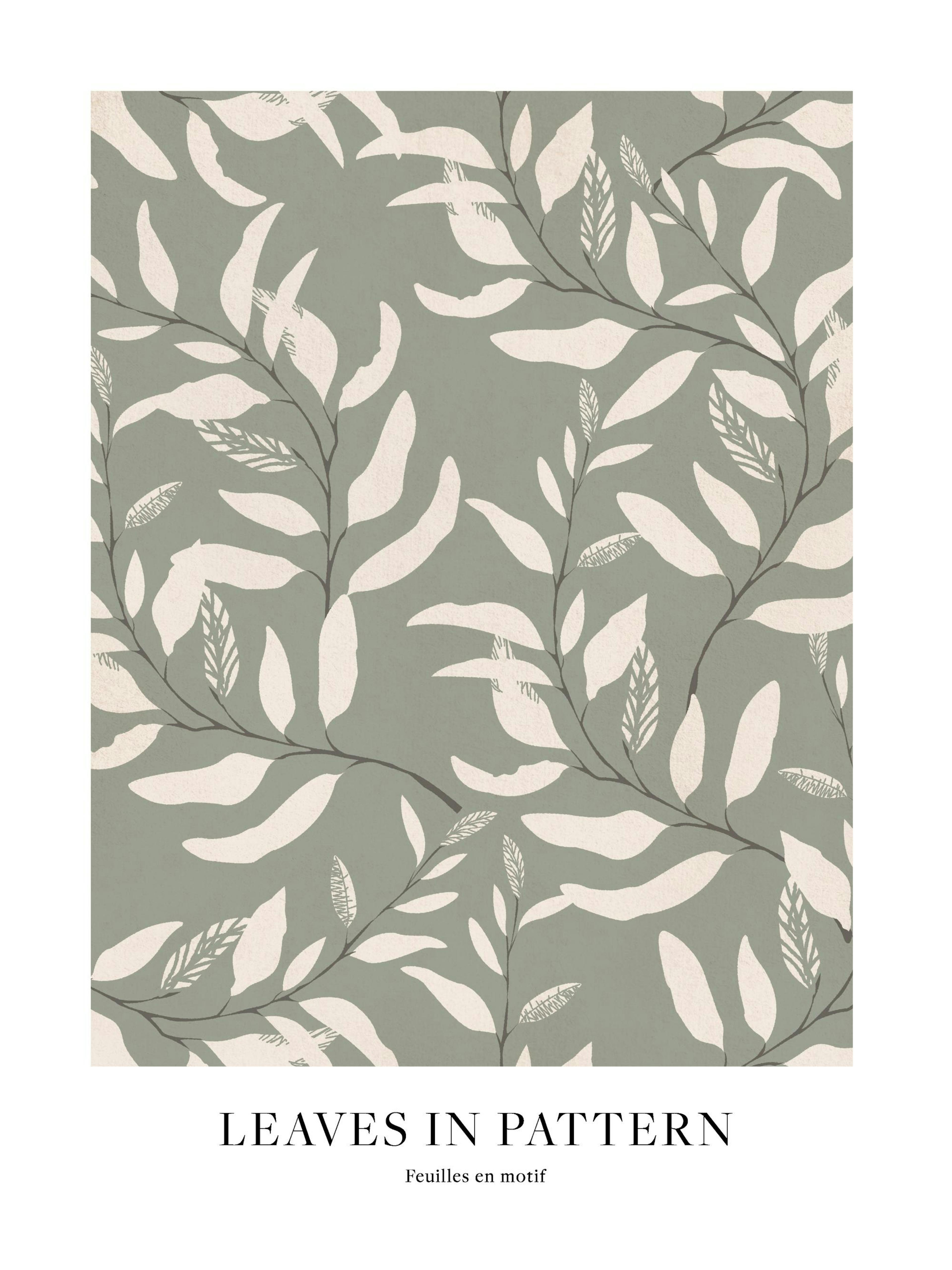 Modern Leaves in Pattern art print featuring beige leaves and branches on a green background. Botanical poster with textured det