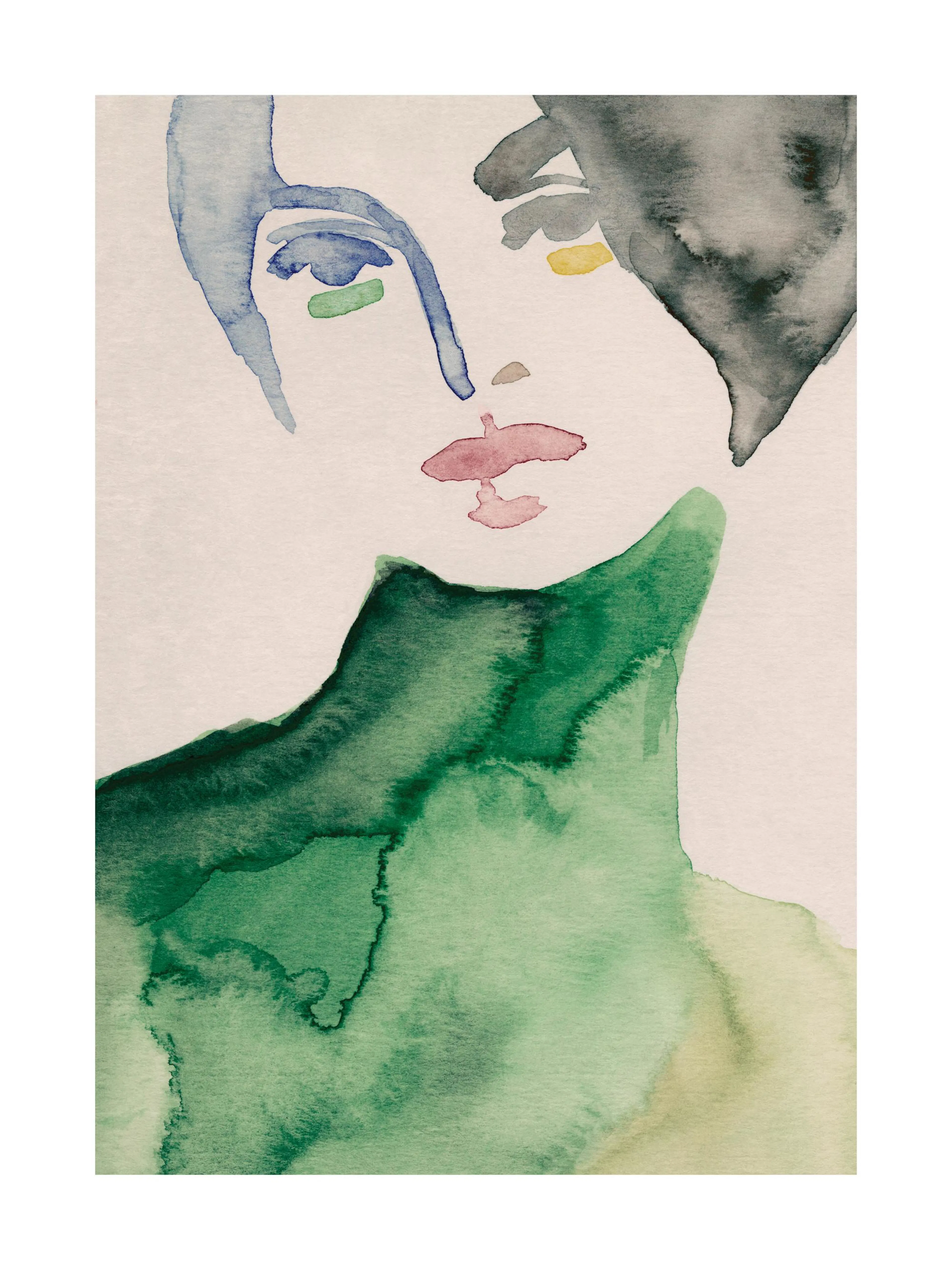 Watercolour print of a lady in green wearing a turtle neck, subtle facial features in blue, pink, and yellow hues.