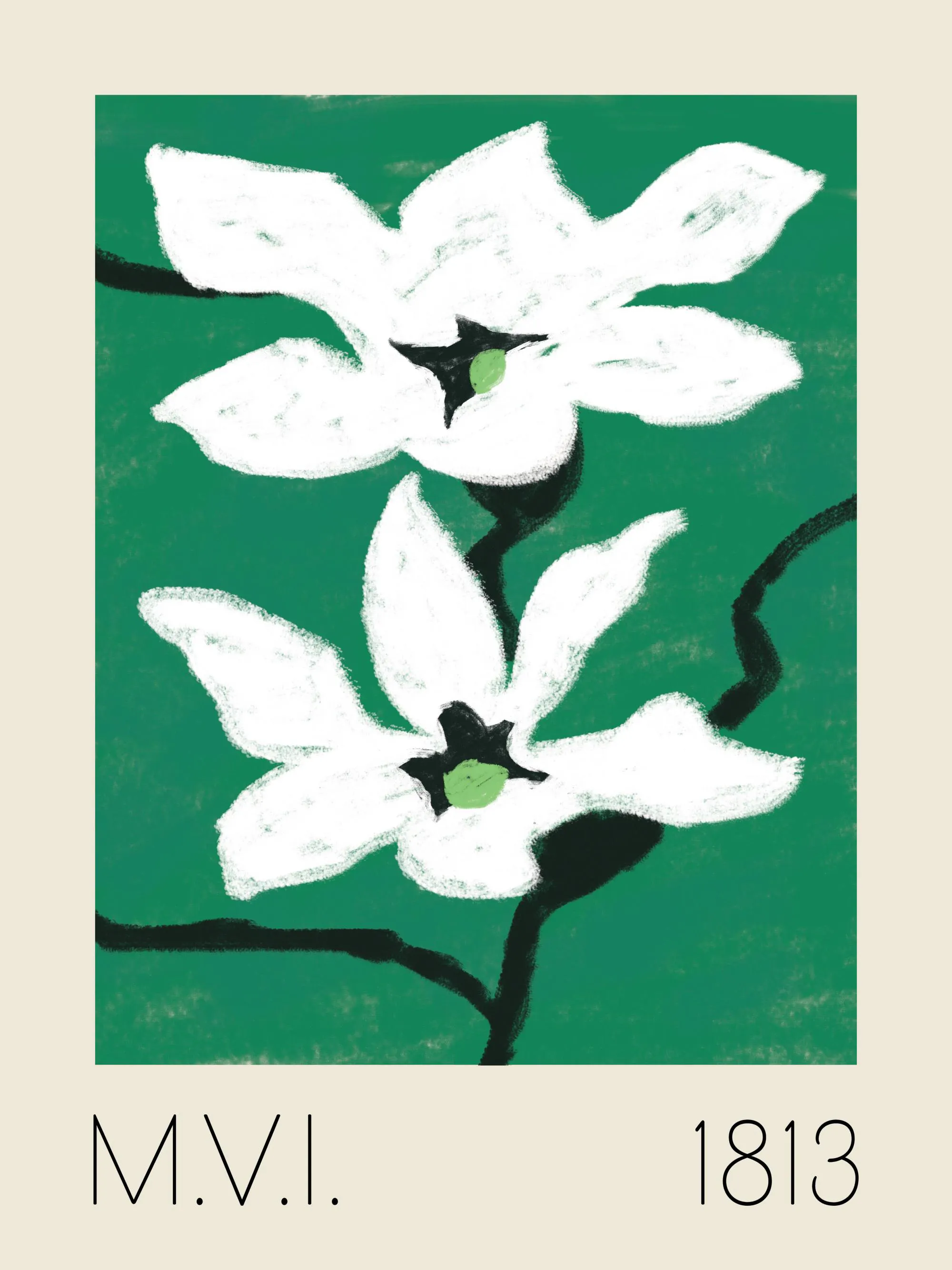 Póster floral verde con dos flores blancas de pétalos anchos y centros verde lima, sobre un fondo verde oscuro y tallos negros.