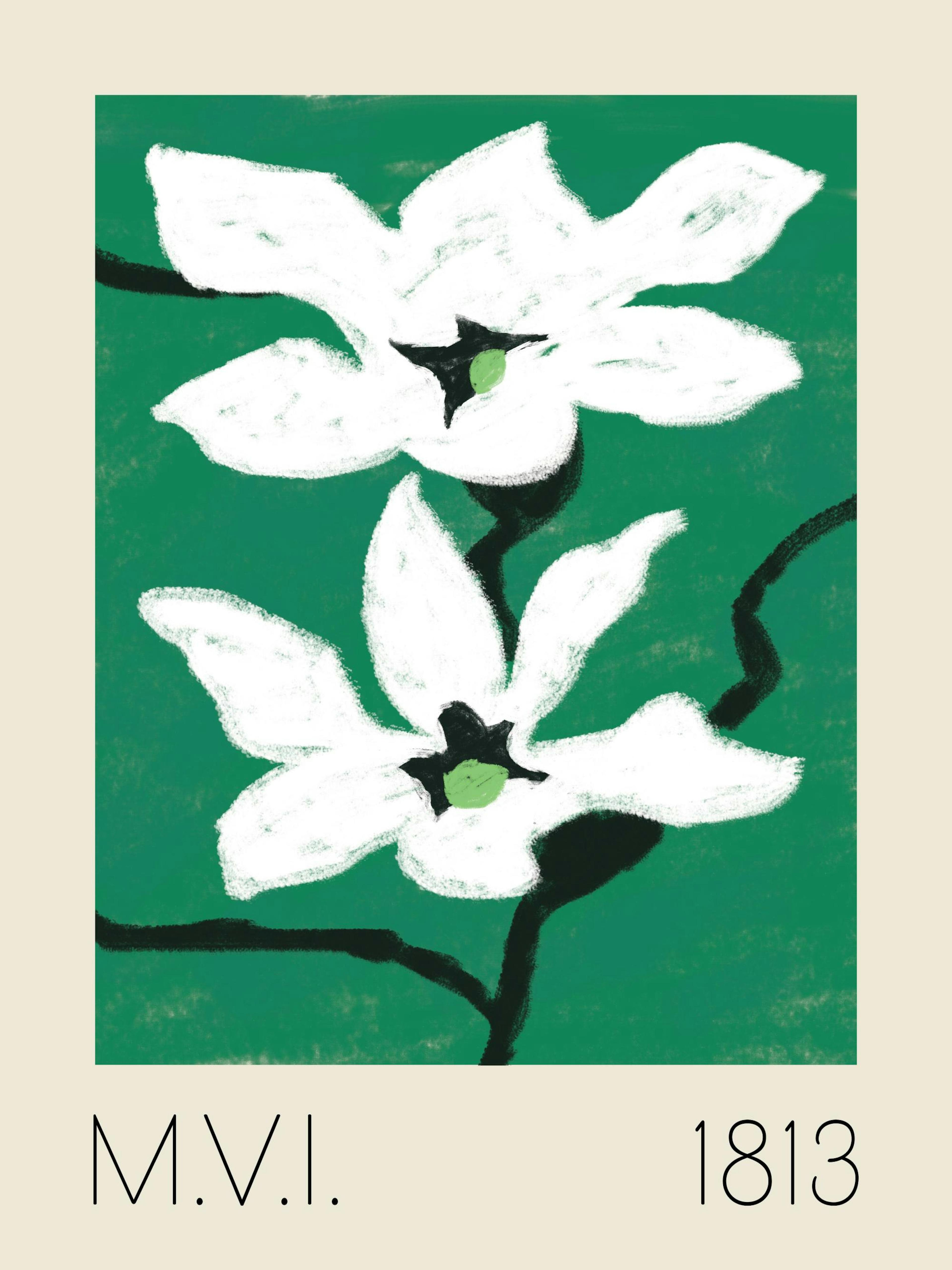 White flowers on a green background with beige border poster print