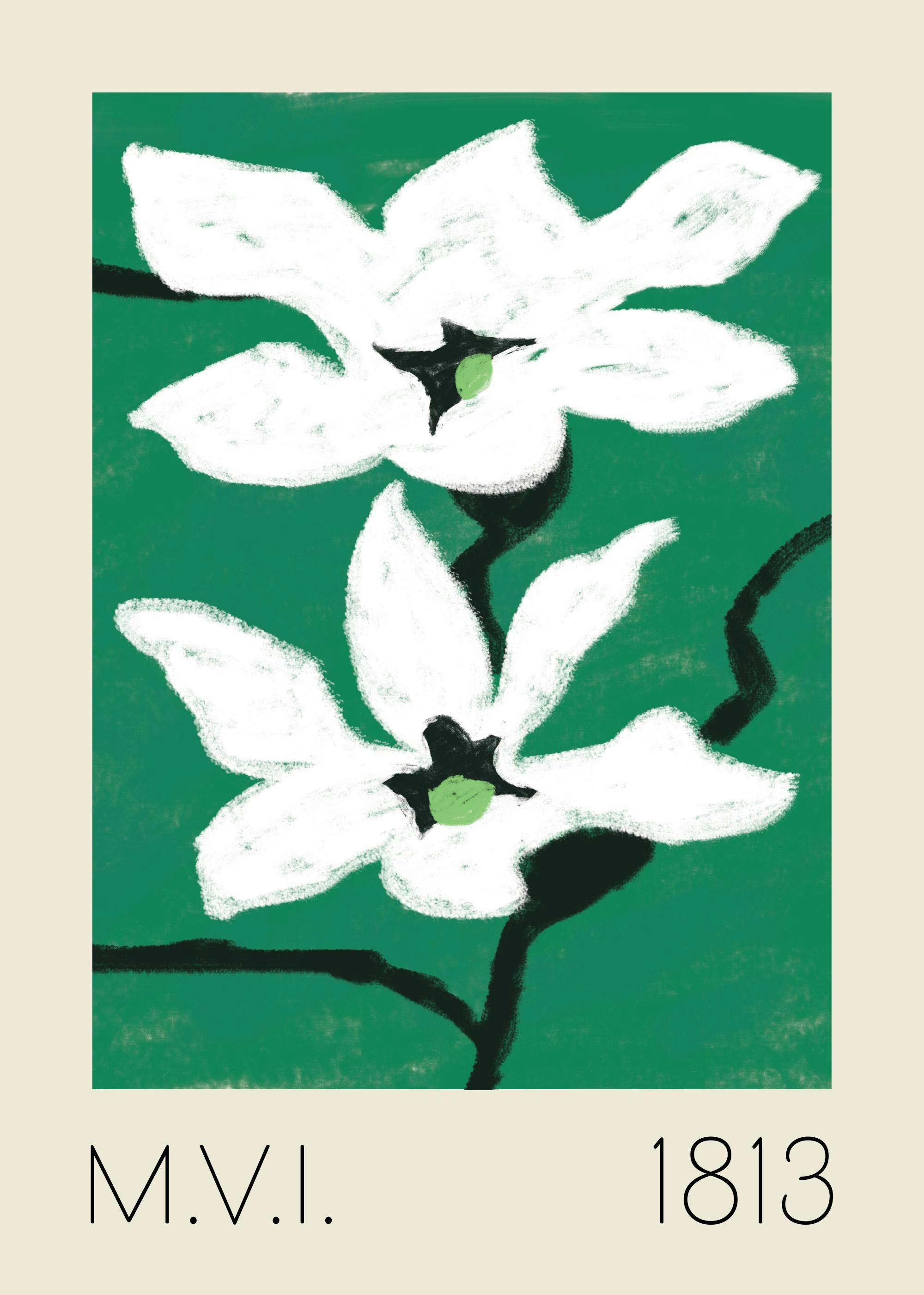 Affiche Green Floral No1, fleurs blanches et typographie M.V.I. 1813 sur fond vert et beige