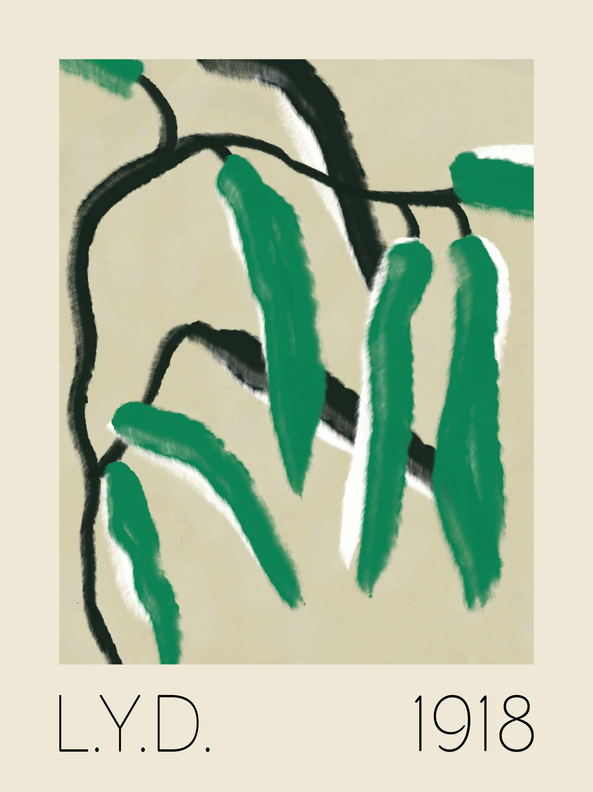 Póster floral verde con tallos negros, hojas verdes gruesas de estilo abstracto sobre fondo beige y texto L.Y.D. 1918.