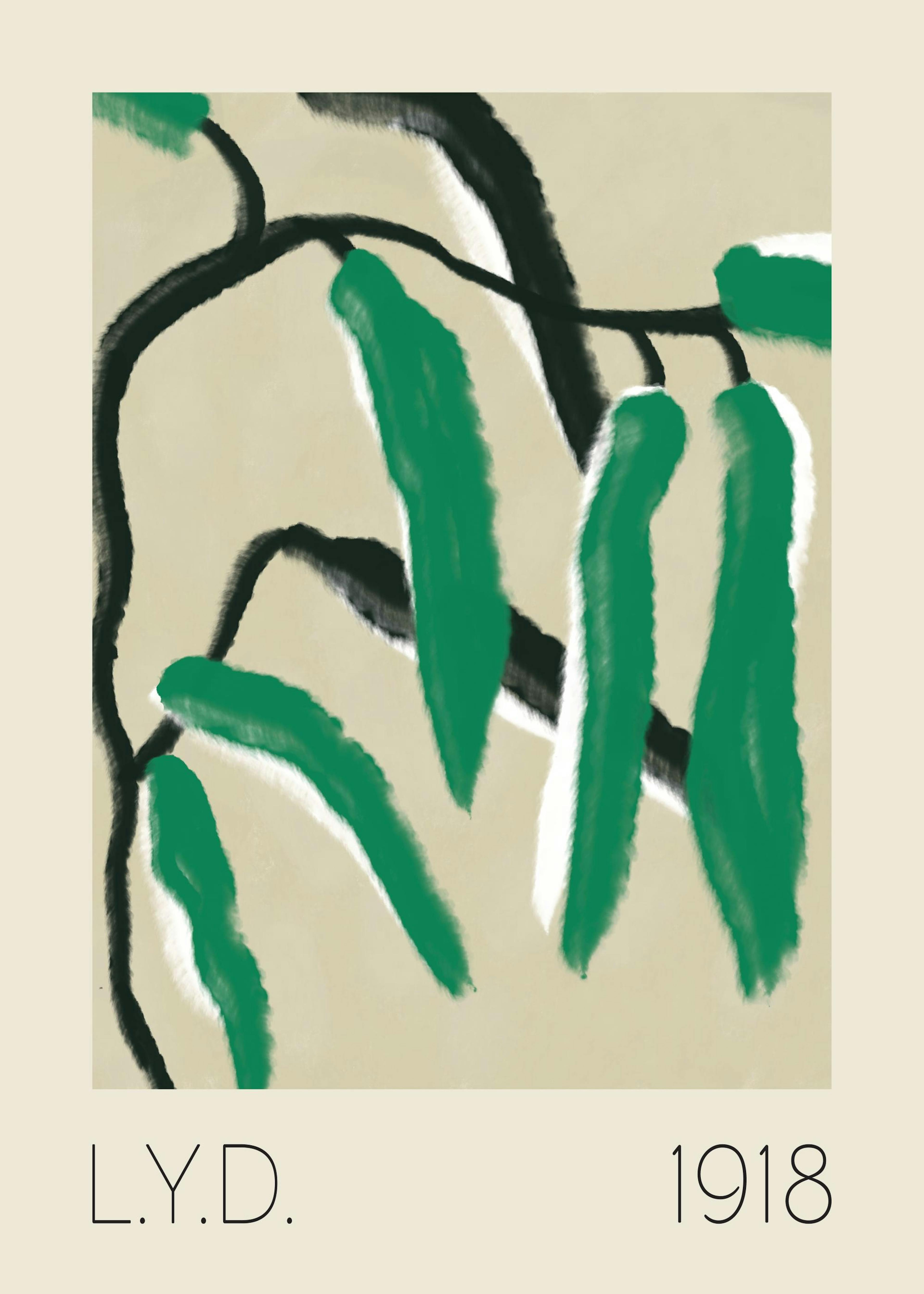 Póster de ramas y hojas verdes grandes sobre un fondo beige, colgado en una pared clara junto a una lámpara y un puf verde.