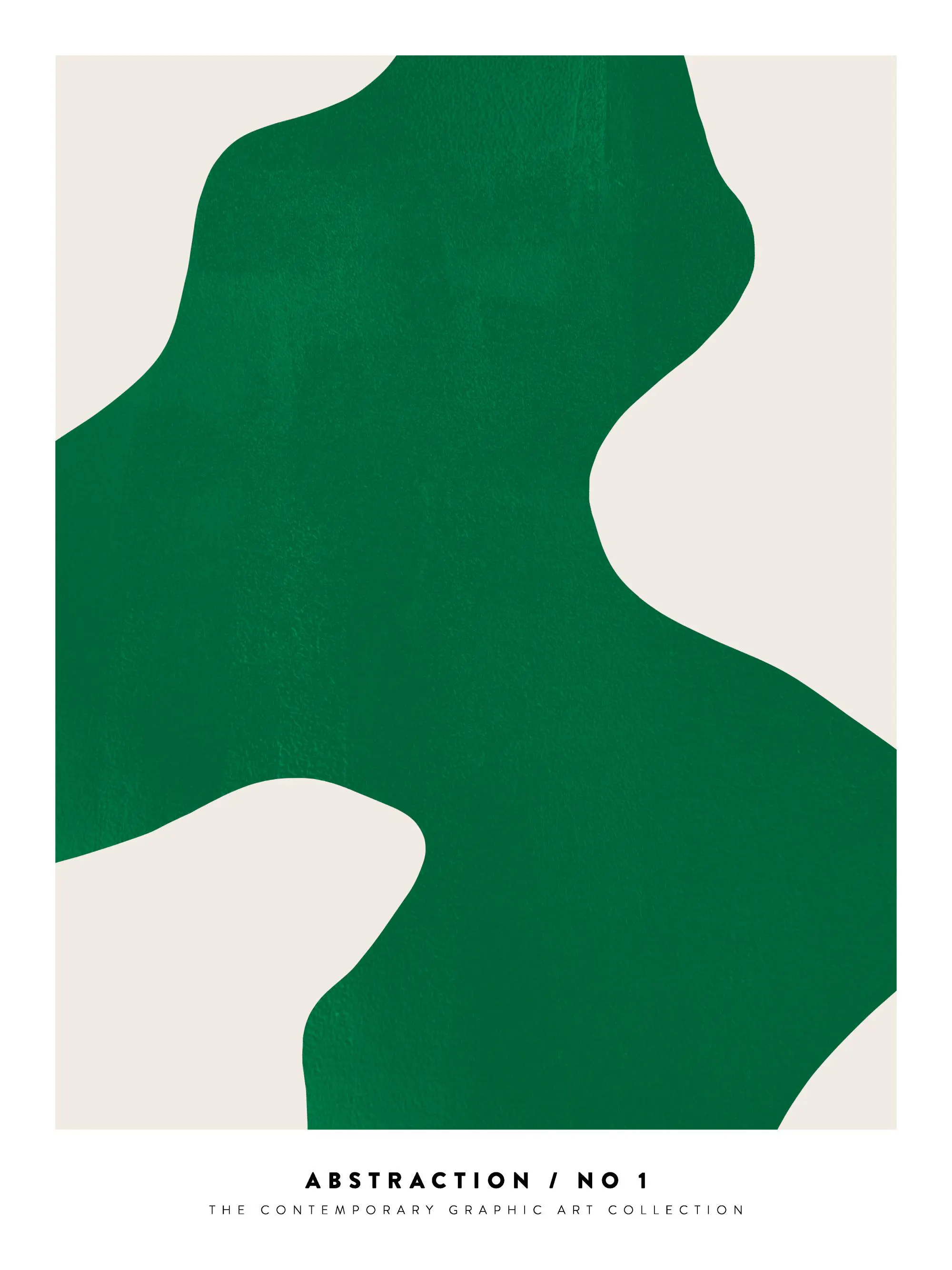 Póster de formas abstractas verdes sobre fondo beige, textura de lienzo entramado.