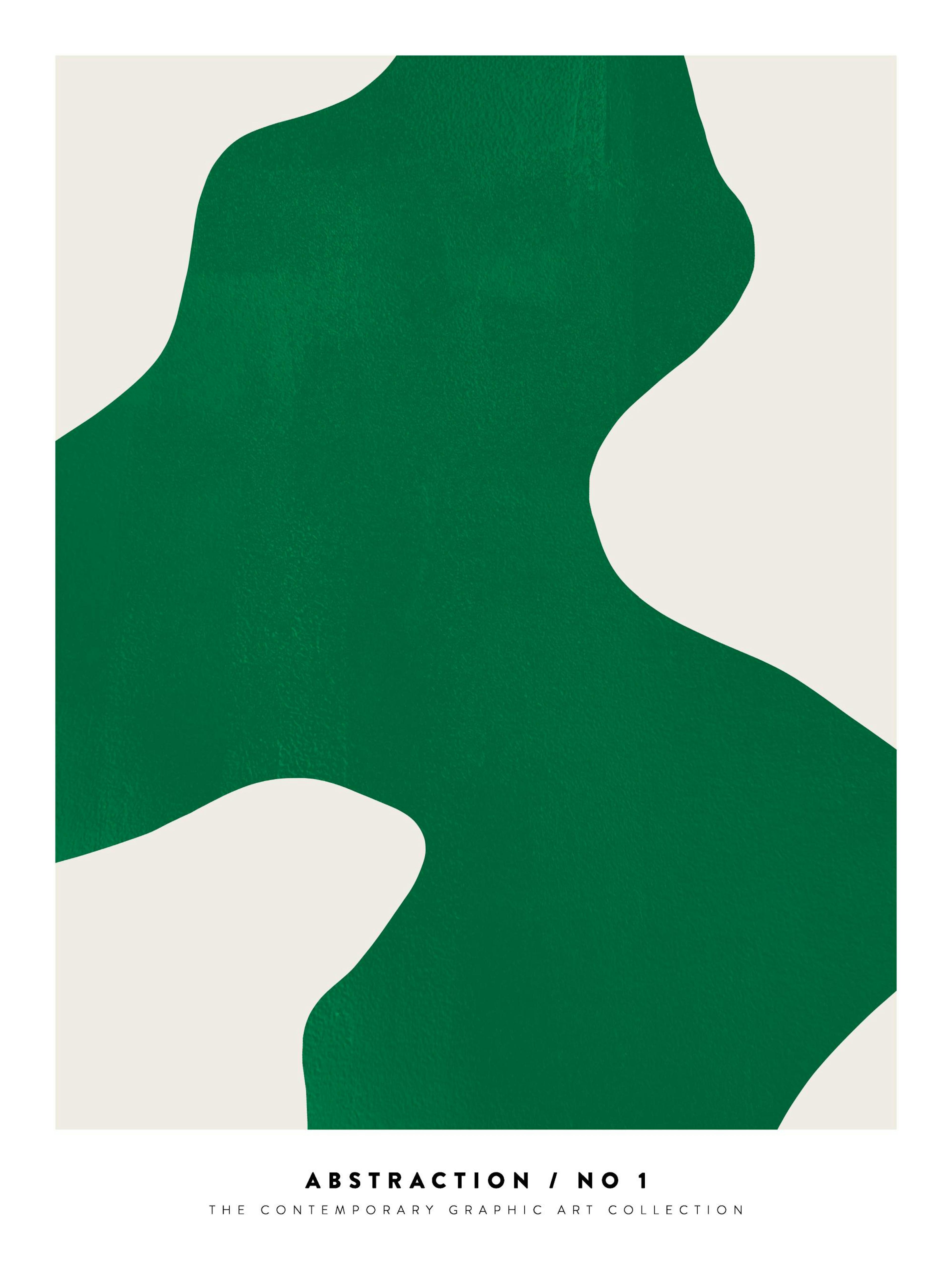 Green abstract shapes print on a beige background, a modern poster design with textured detail.