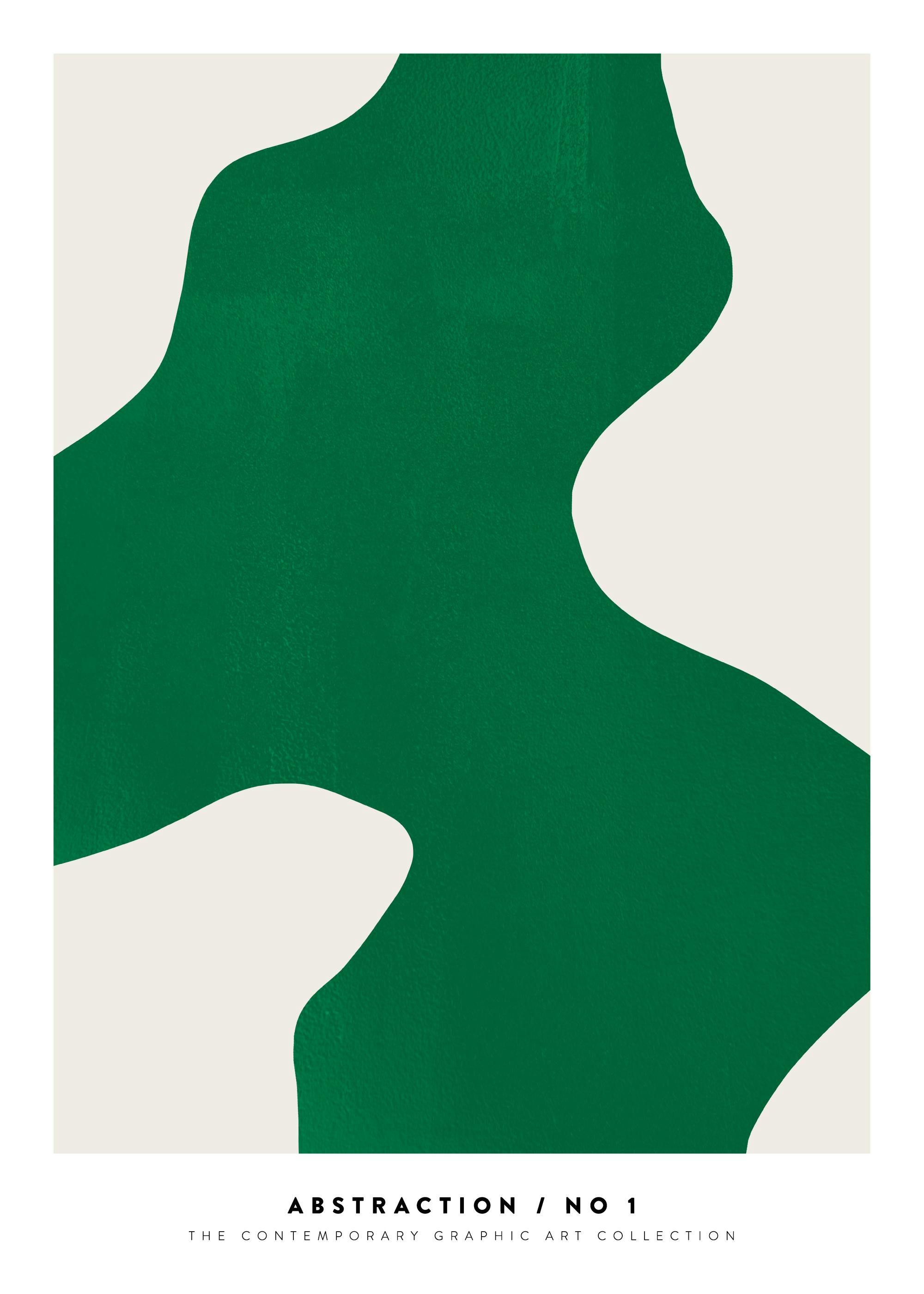 Green abstract shapes print on a beige background, a modern poster design with textured detail.
