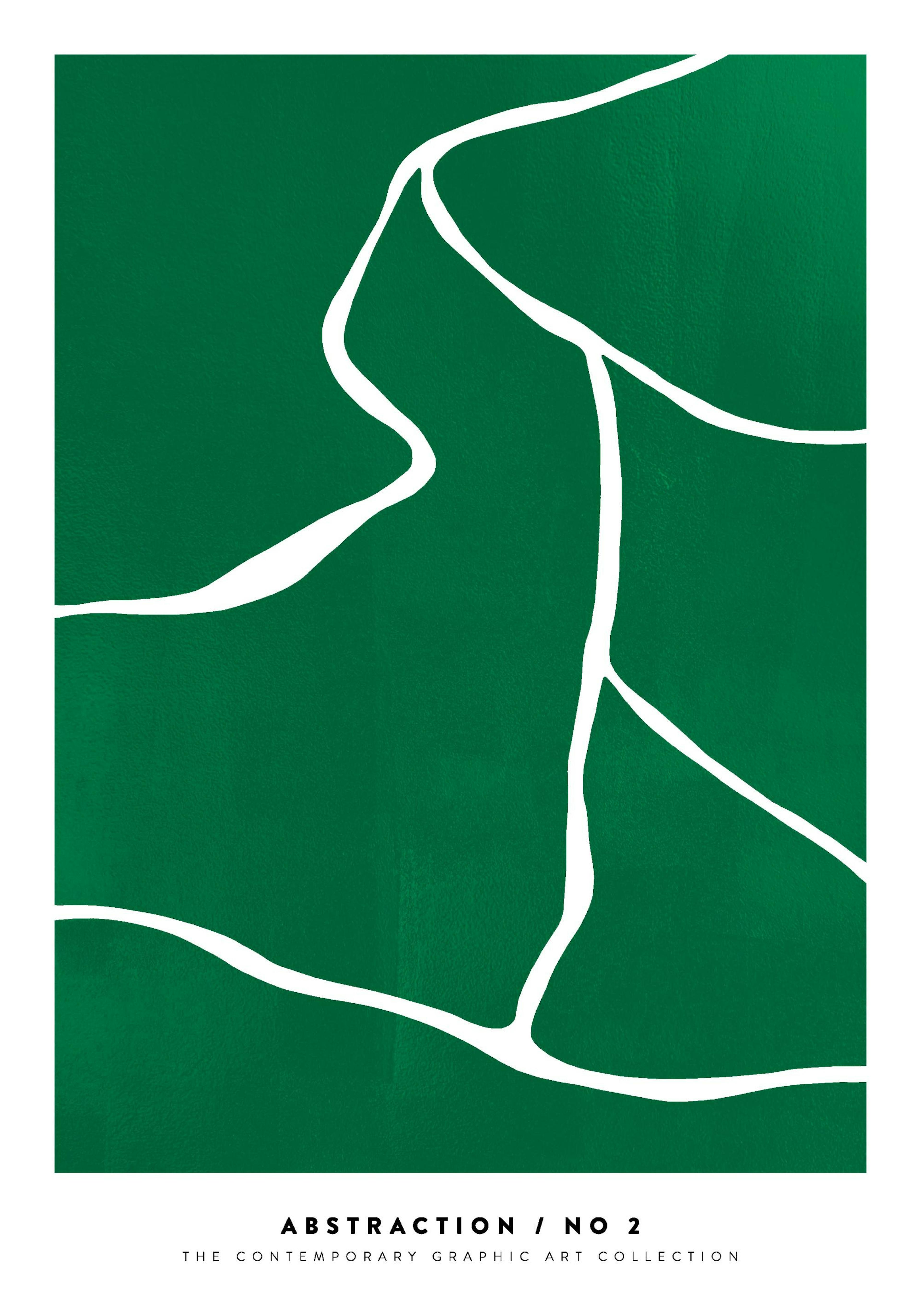 Green Fields abstract poster with white organic lines on a textured dark green background.