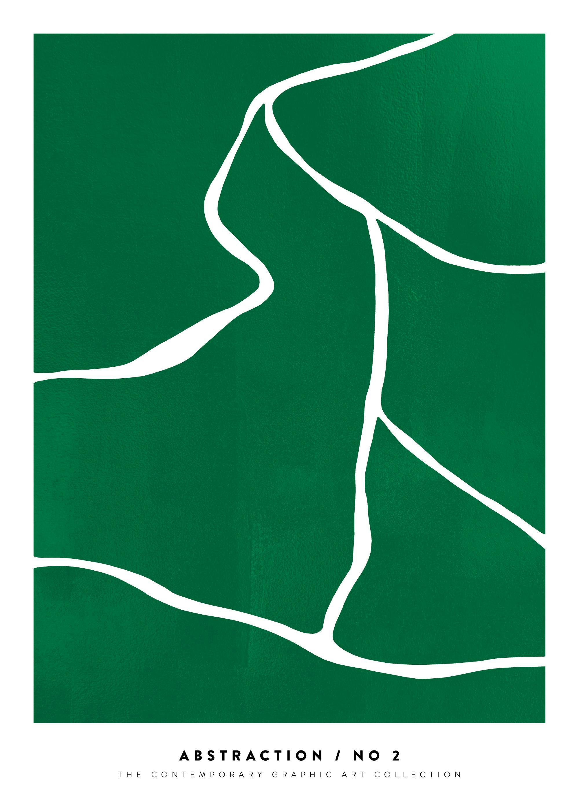 Poster astratto con campi verdi, linee bianche sinuose e texture, stile moderno.