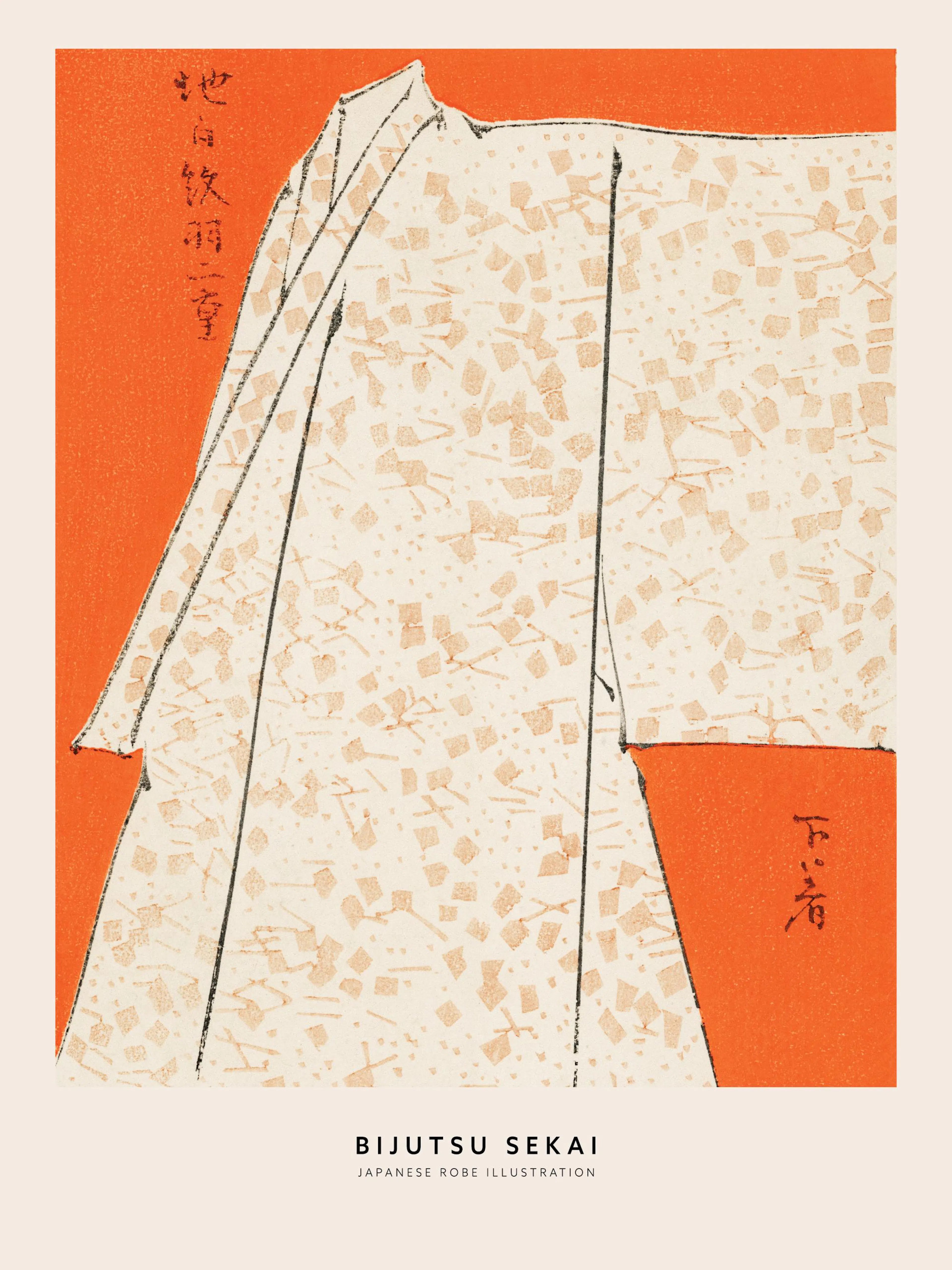 Ilustración de Watanabe Seitei de una bata japonesa beige estampada sobre un fondo naranja brillante.