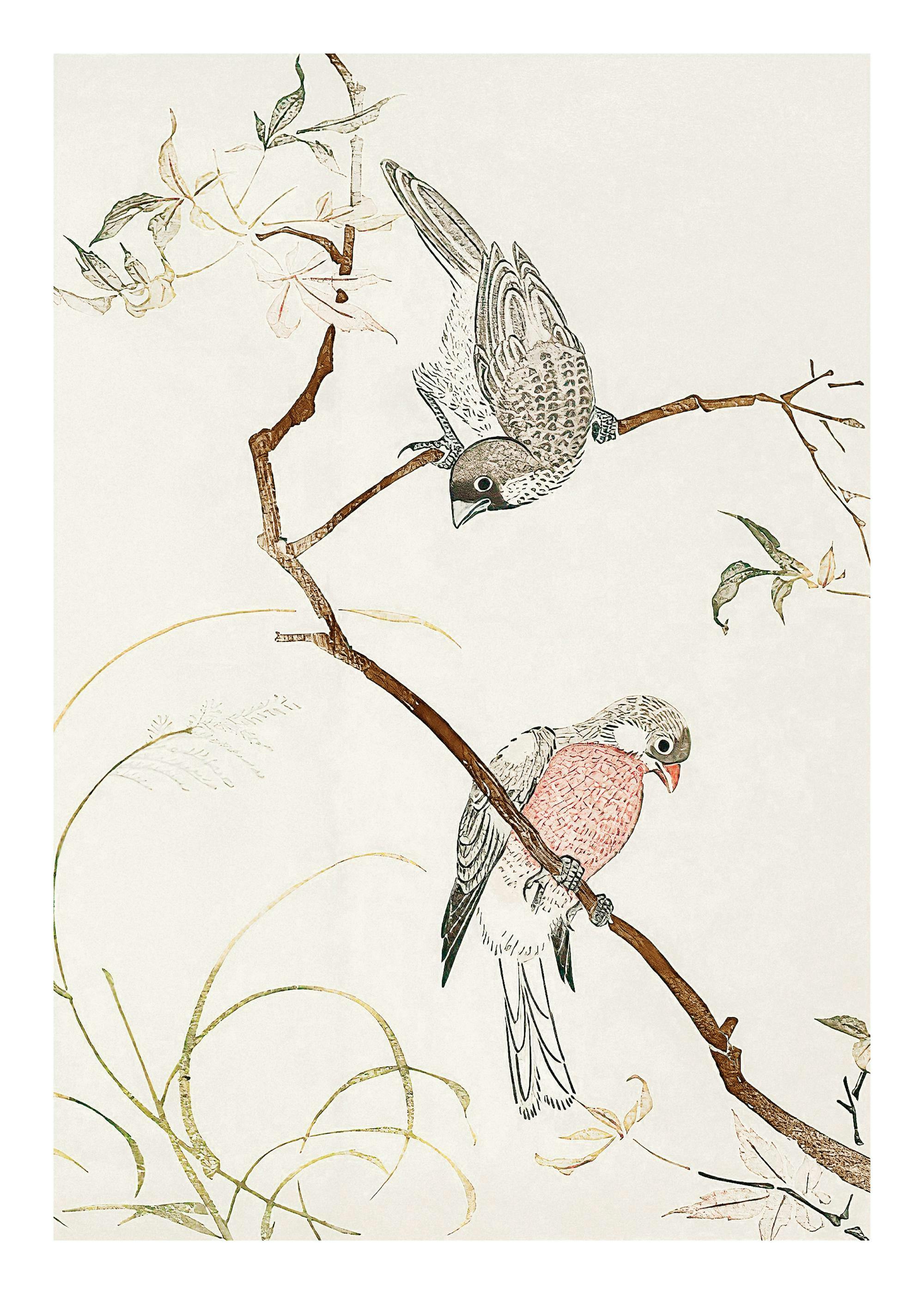 Affiche de mouettes japonaises sur un arbre, avec texture granuleuse sur fond beige. Typographie détaillée.