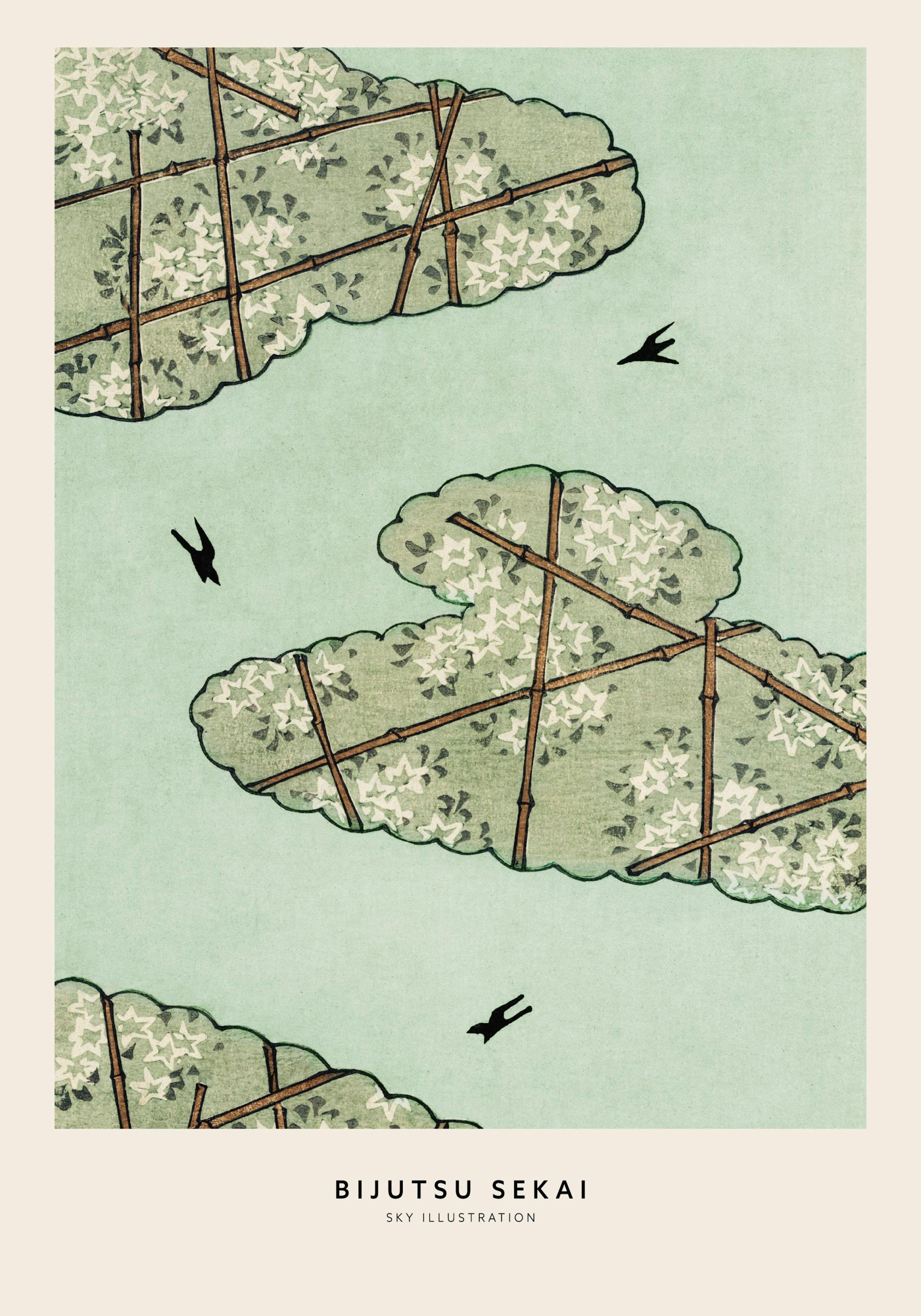 Watanabe Seitei Himmelsposter mit grünen und braunen Wolken, Blüten und fliegenden schwarzen Vögeln. Japanische Kunst.