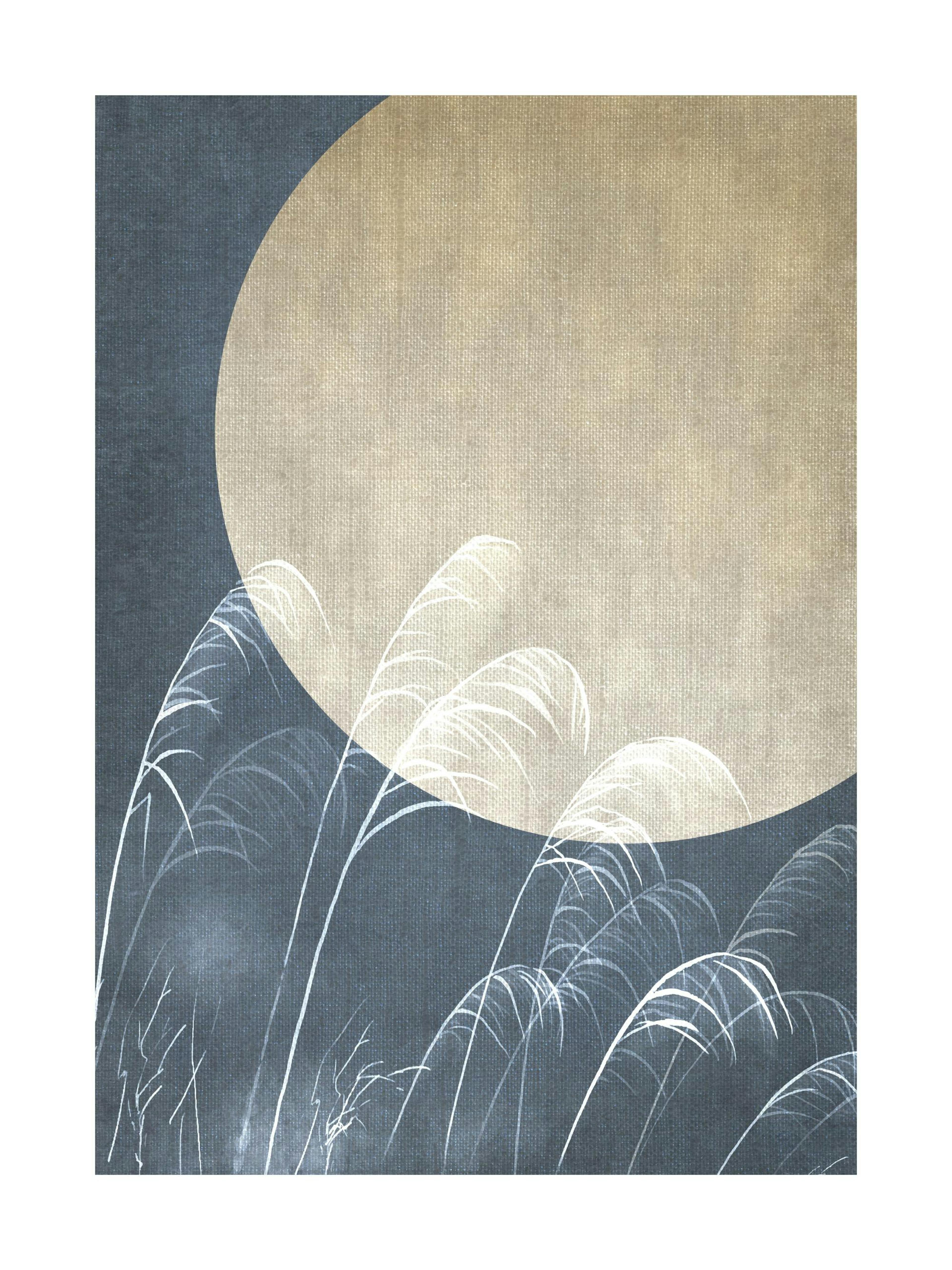 Moon night sky art print with a large yellow moon and white reeds against a textured blue background.
