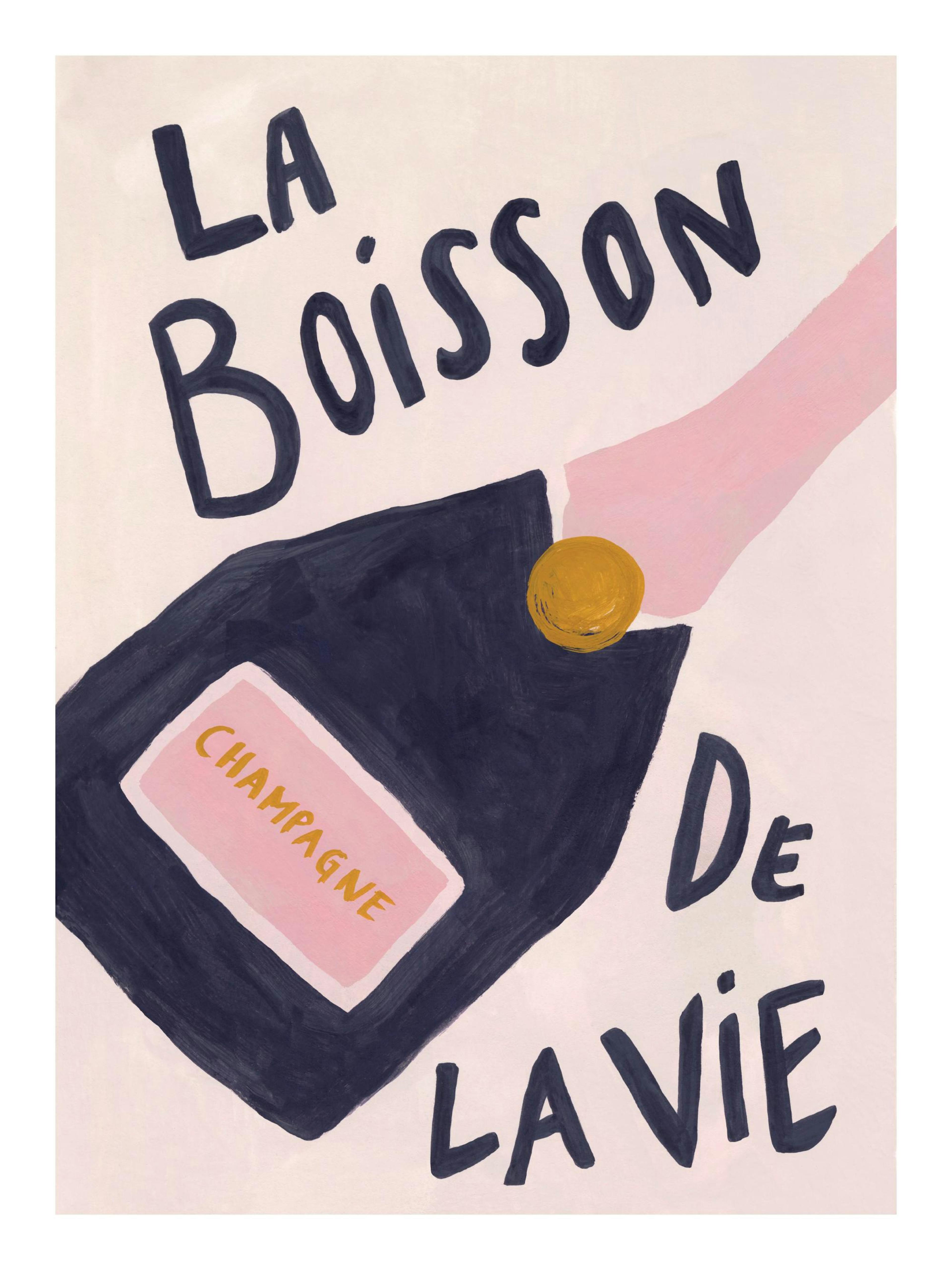 Hand-painted champagne bottle print with La Boisson de la Vie text on a pink and purple background poster.