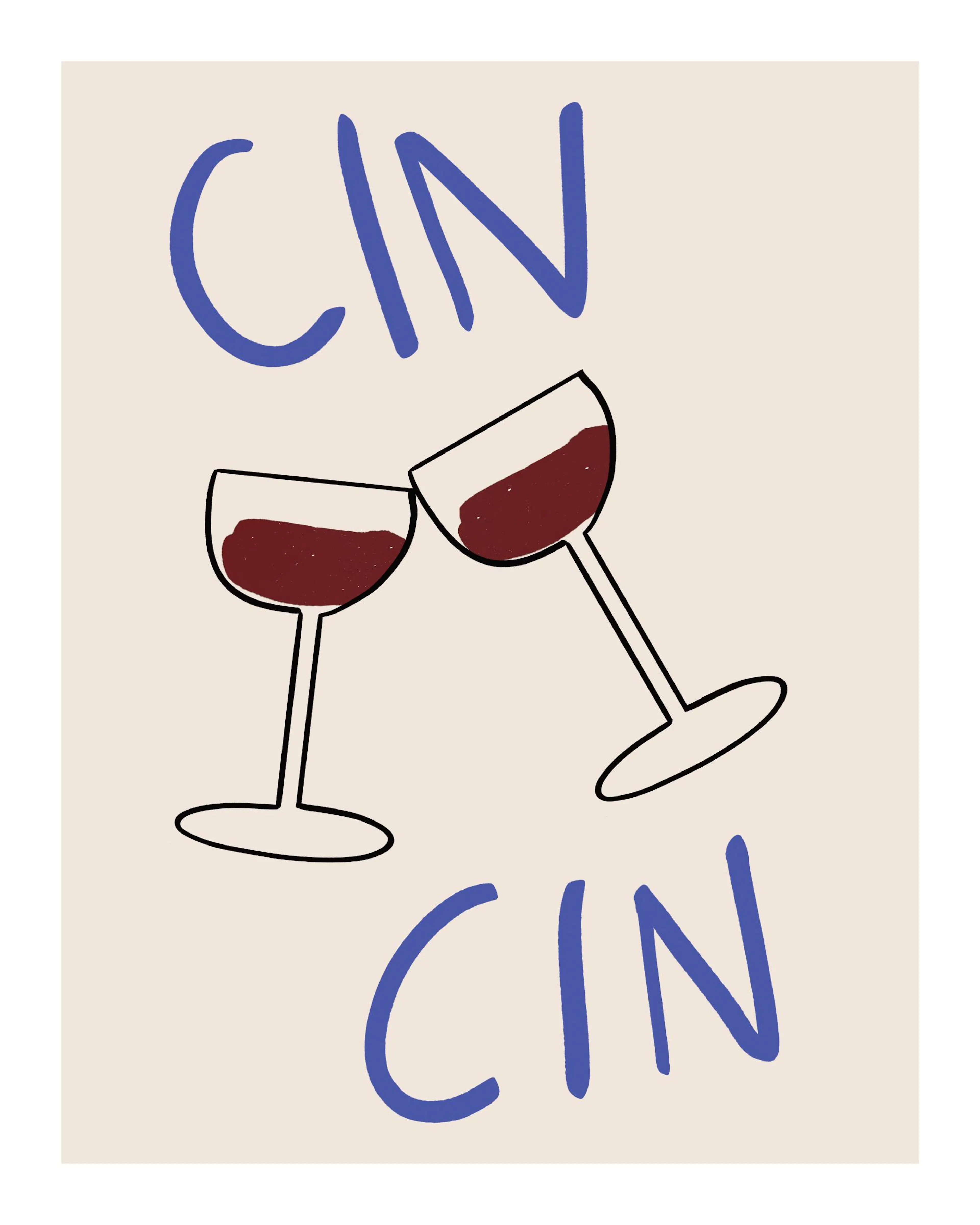 Affiche avec deux verres de vin rouge qui sentrechoquent et le texte Cin Cin bleu en typographie