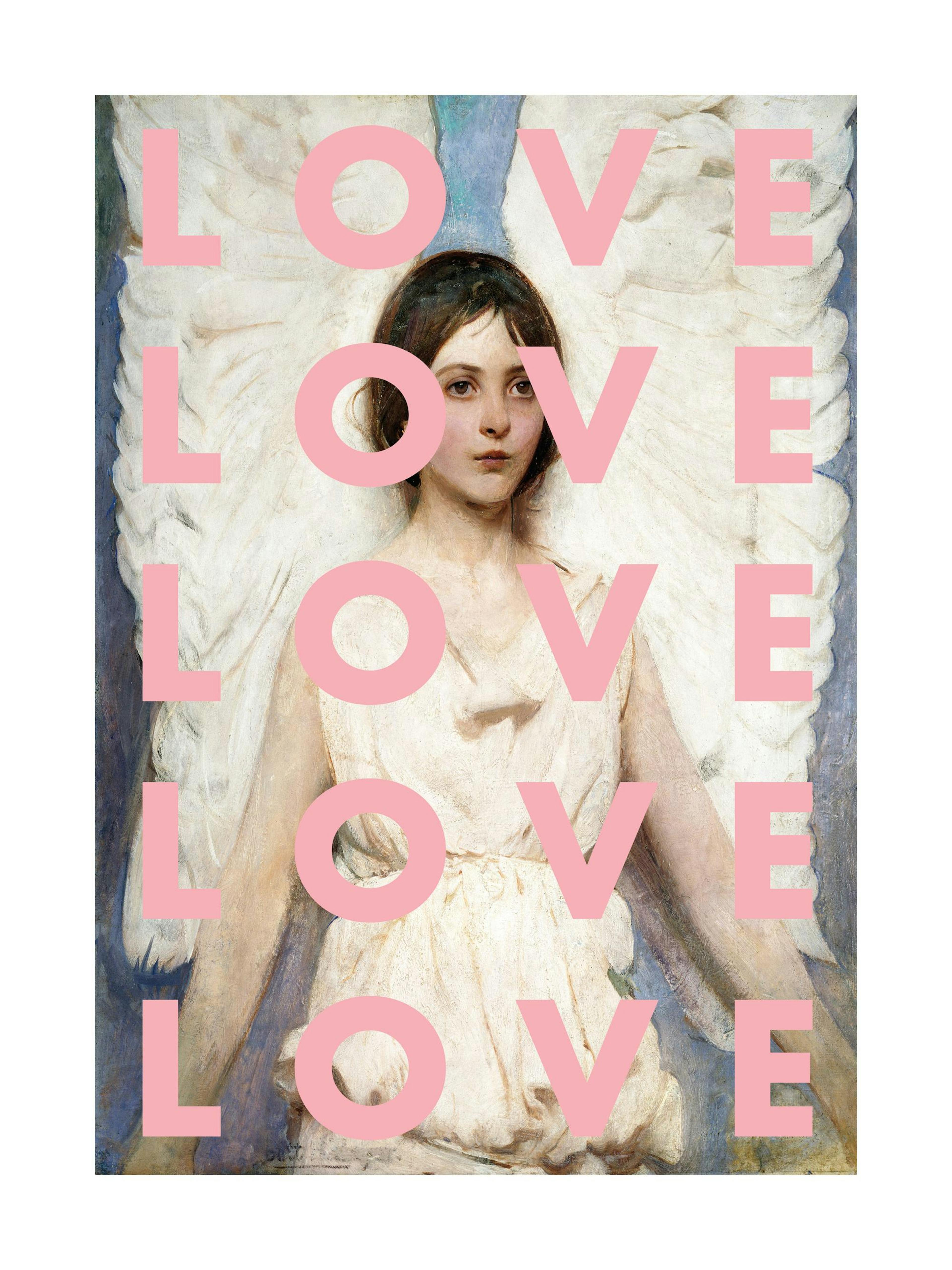 Print of a woman with white wings and pink LOVE text, a unique poster design.